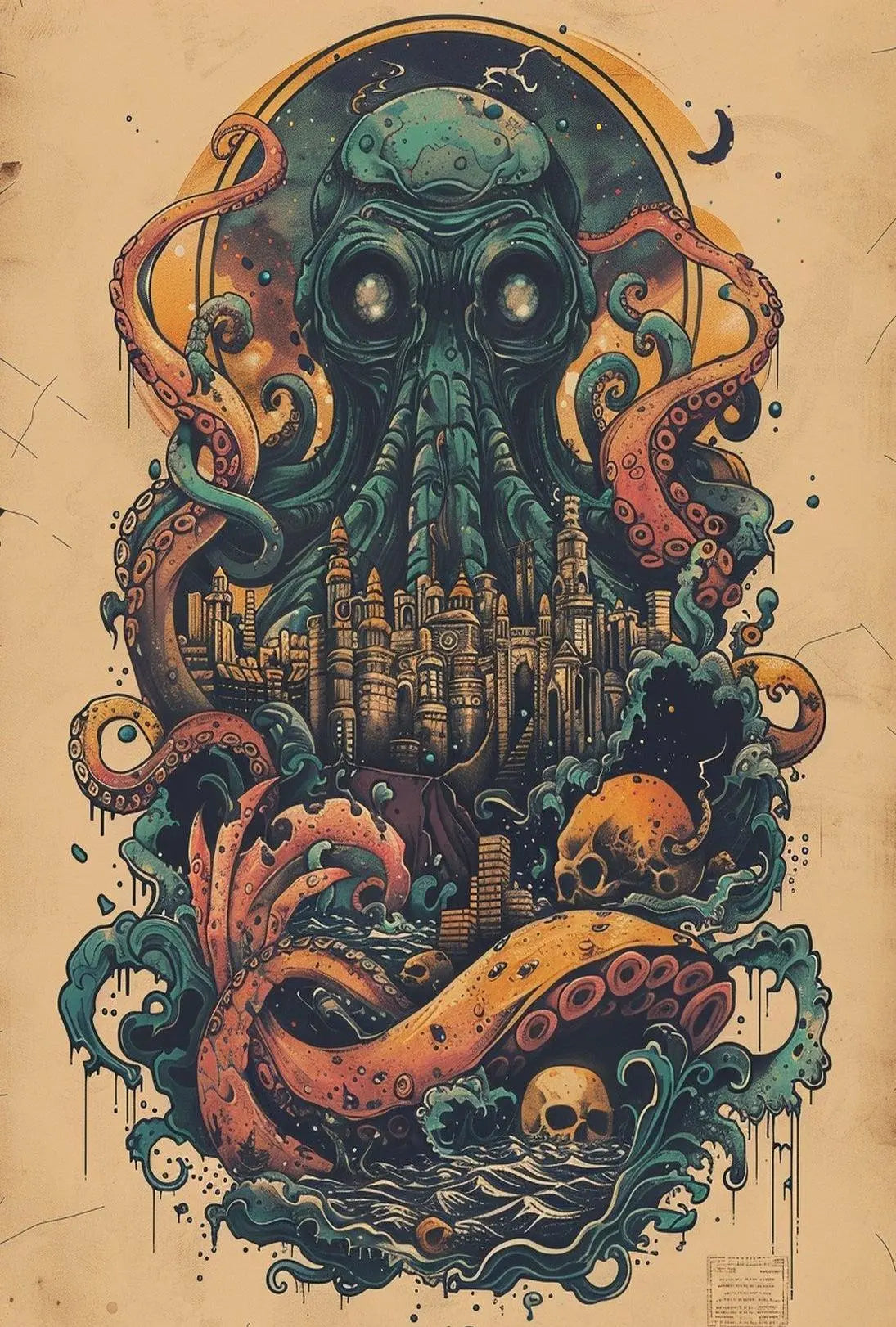 Cephalopod Creature Intrudes Fantastical City Artistic Poster PosterGoat