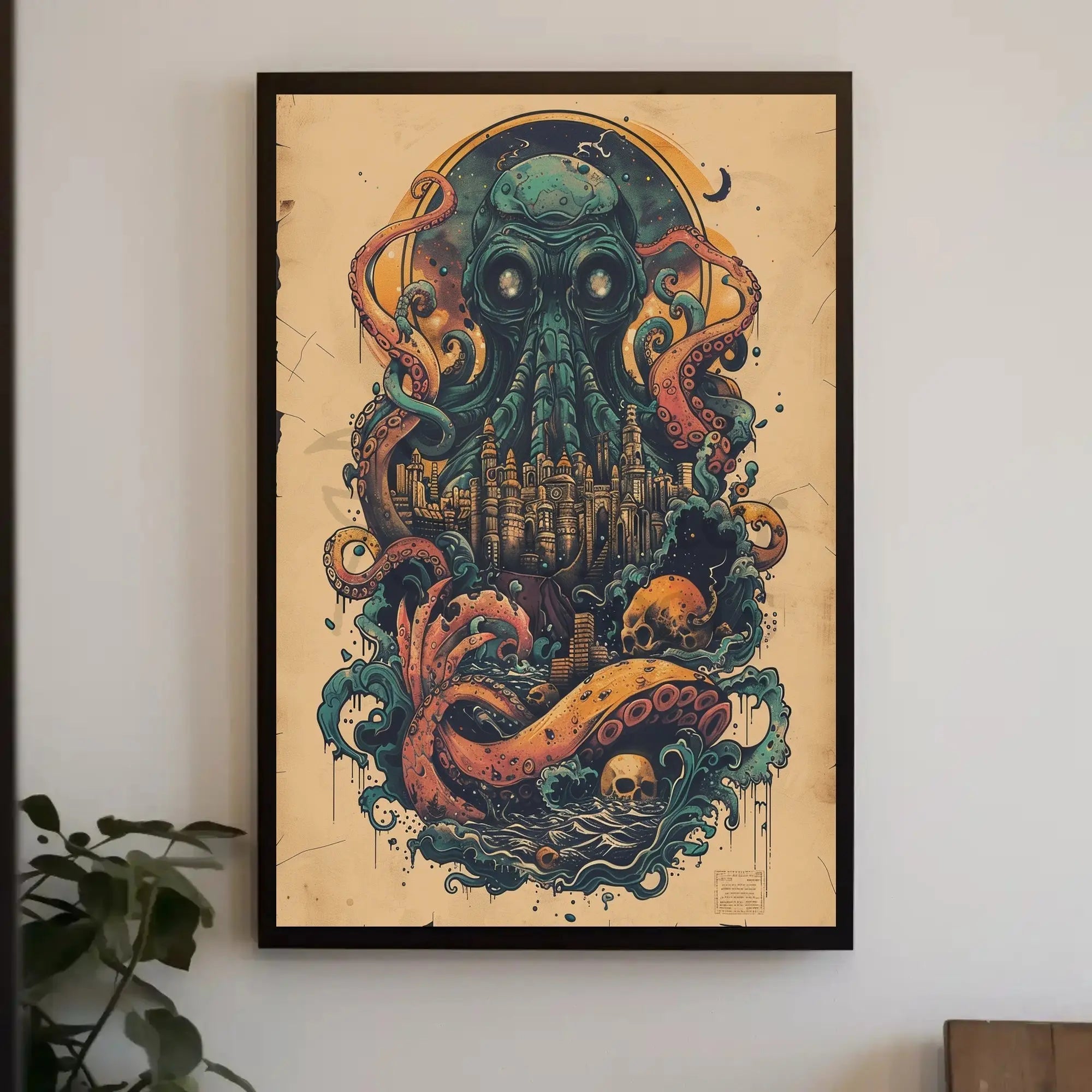 Cephalopod Creature Intrudes Fantastical City Artistic Poster PosterGoat