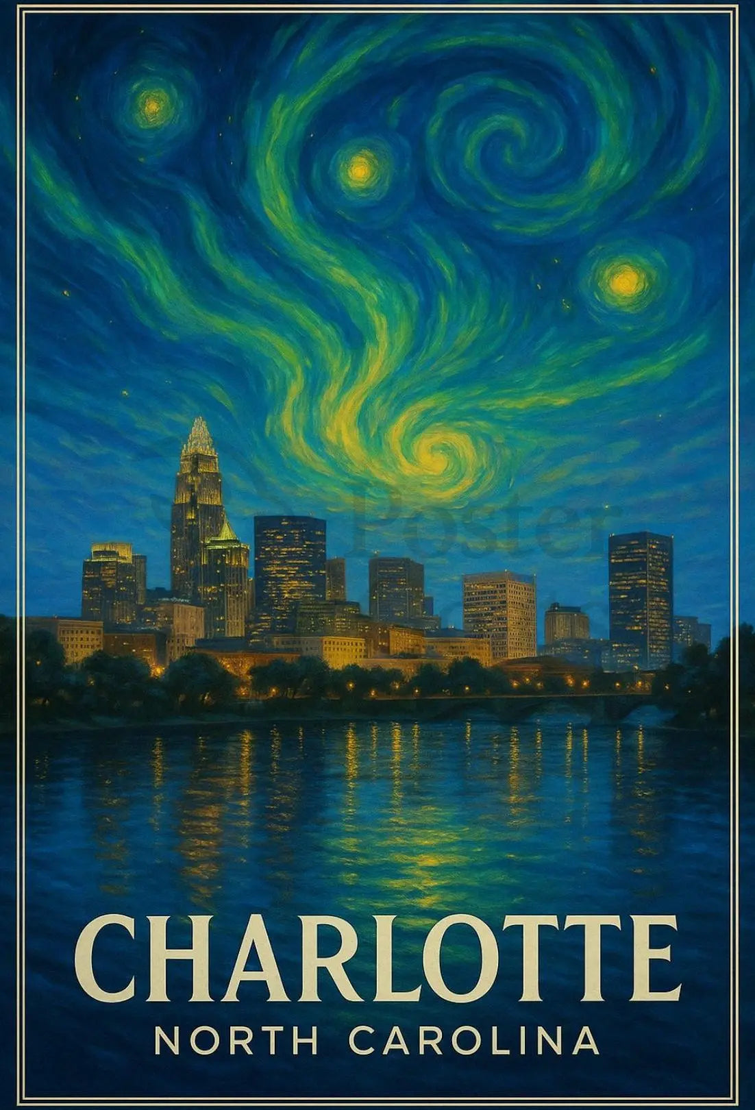Charlotte Nighttime Skyline Artistry: Abstract, Artistic, or Pop Culture Poster PosterGoat