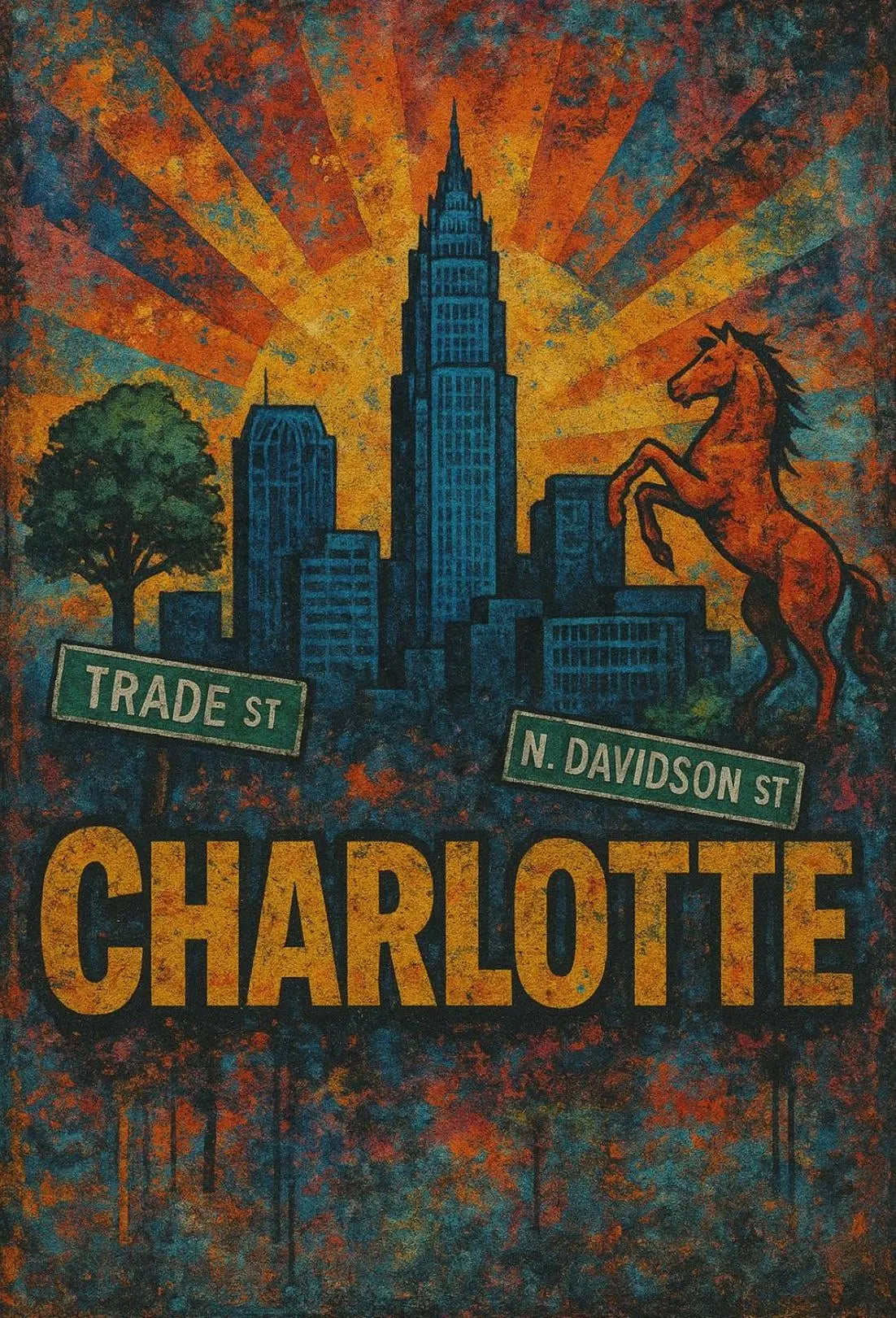 Charlotte Skyline and Heritage Vintage Travel Poster PosterGoat