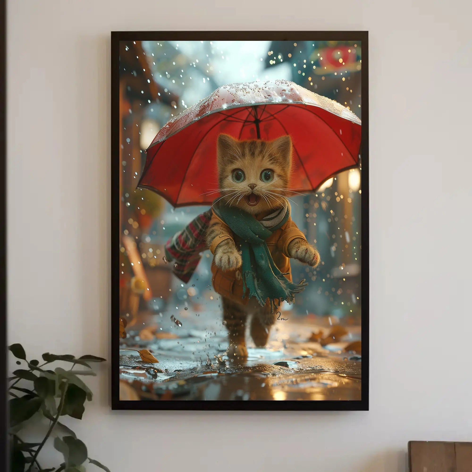 Charming Anthropomorphic Cat in Rainy Scene - Animal Poster PosterGoat