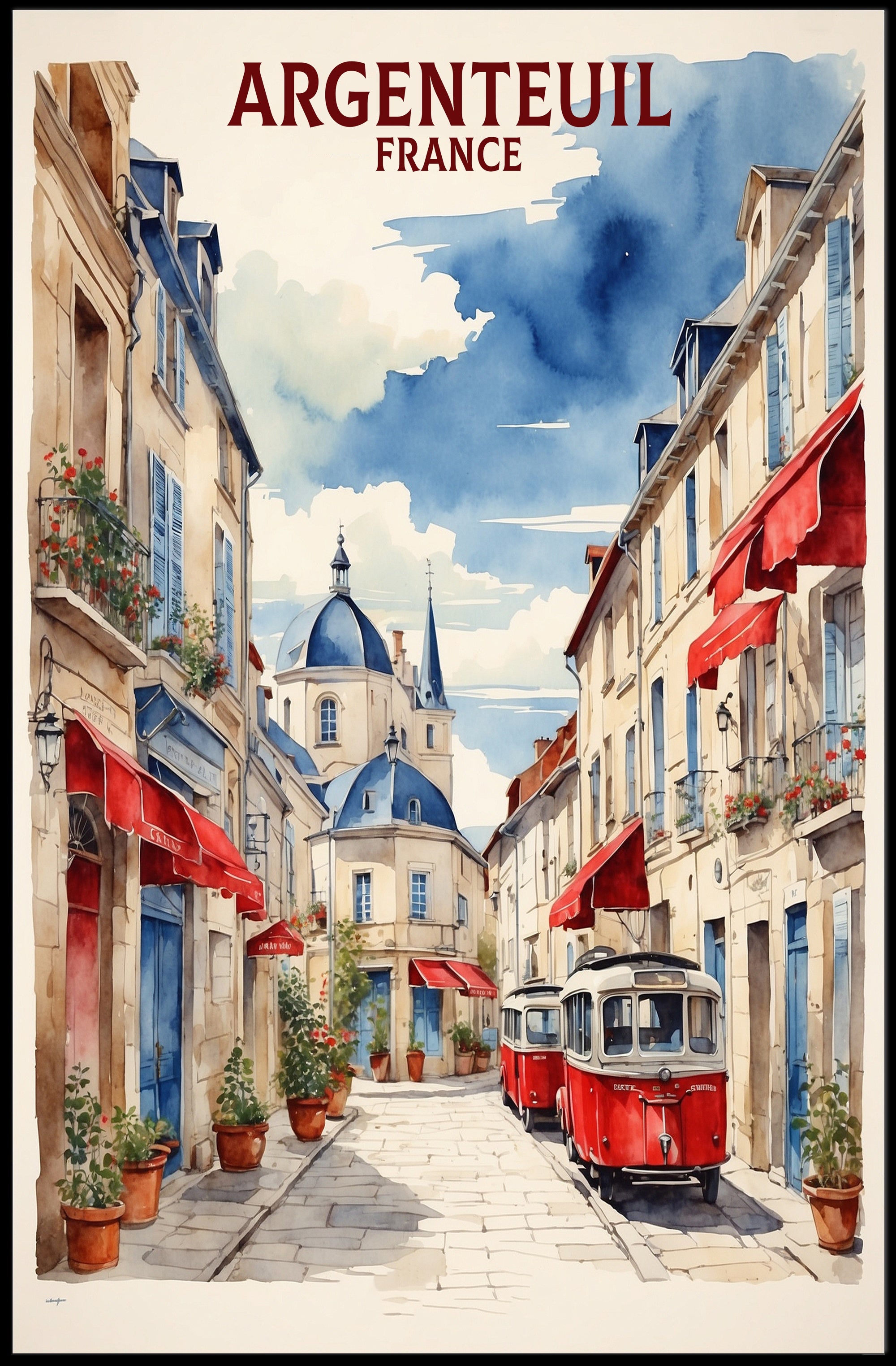 Charming Argenteuil Street Scene Watercolor Urban or Cityscape Poster PosterGoat