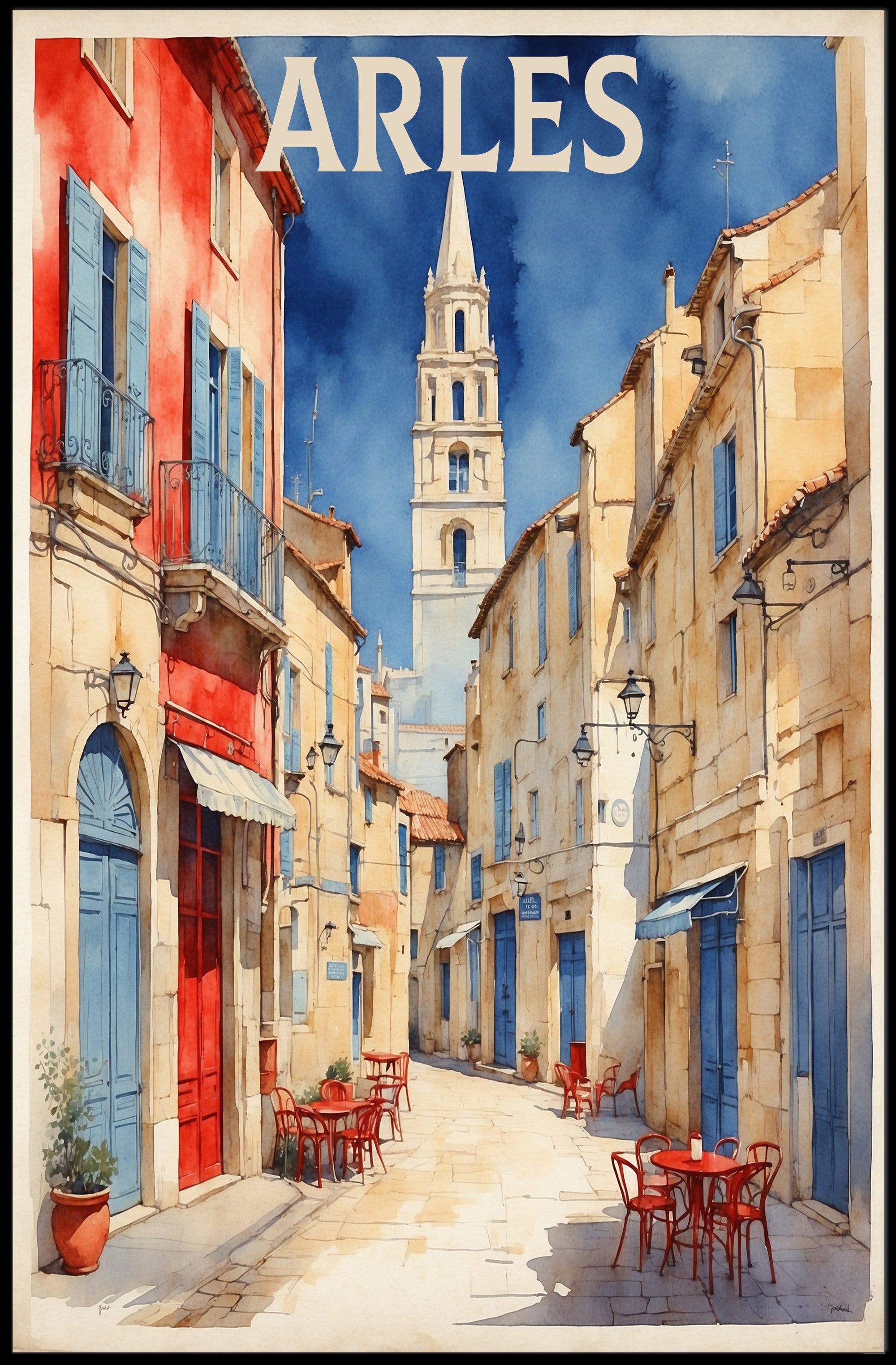 Charming Arles Street Scene: Watercolor Travel Poster PosterGoat