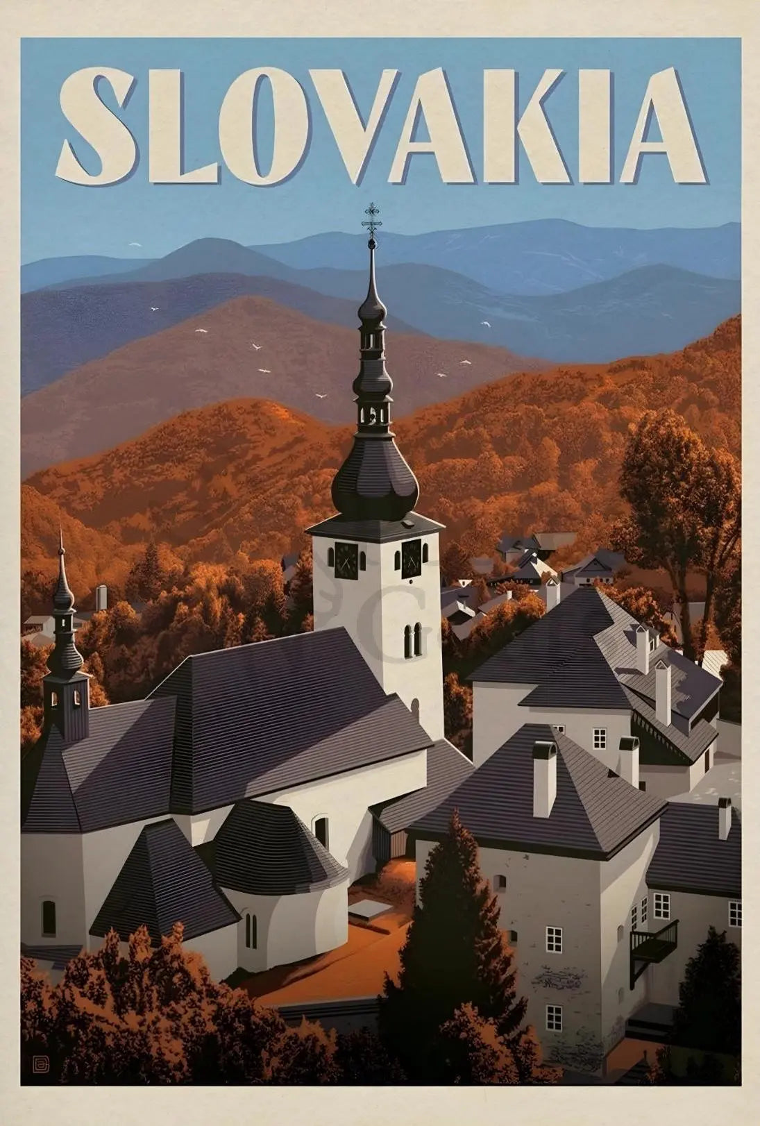 Charming Slovakia Village Scenery in Vintage Travel Poster PosterGoat