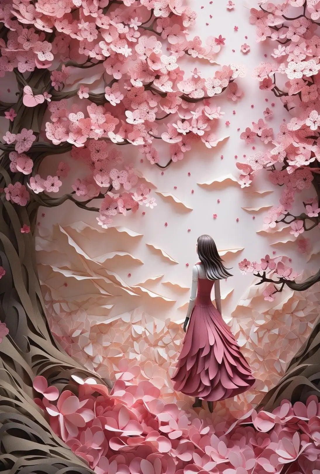 Cherry Blossom Girl Under Dreamlike Trees - Artistic Poster PosterGoat