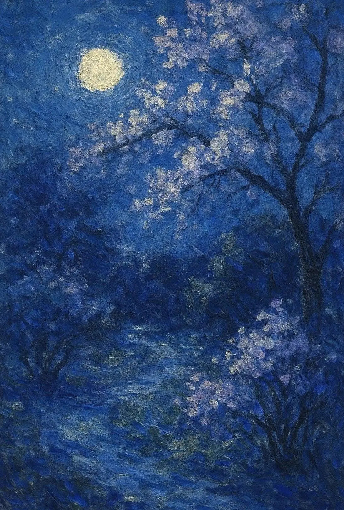Cherry Blossom Moonlit Night, Impressionistic Artistic Poster PosterGoat