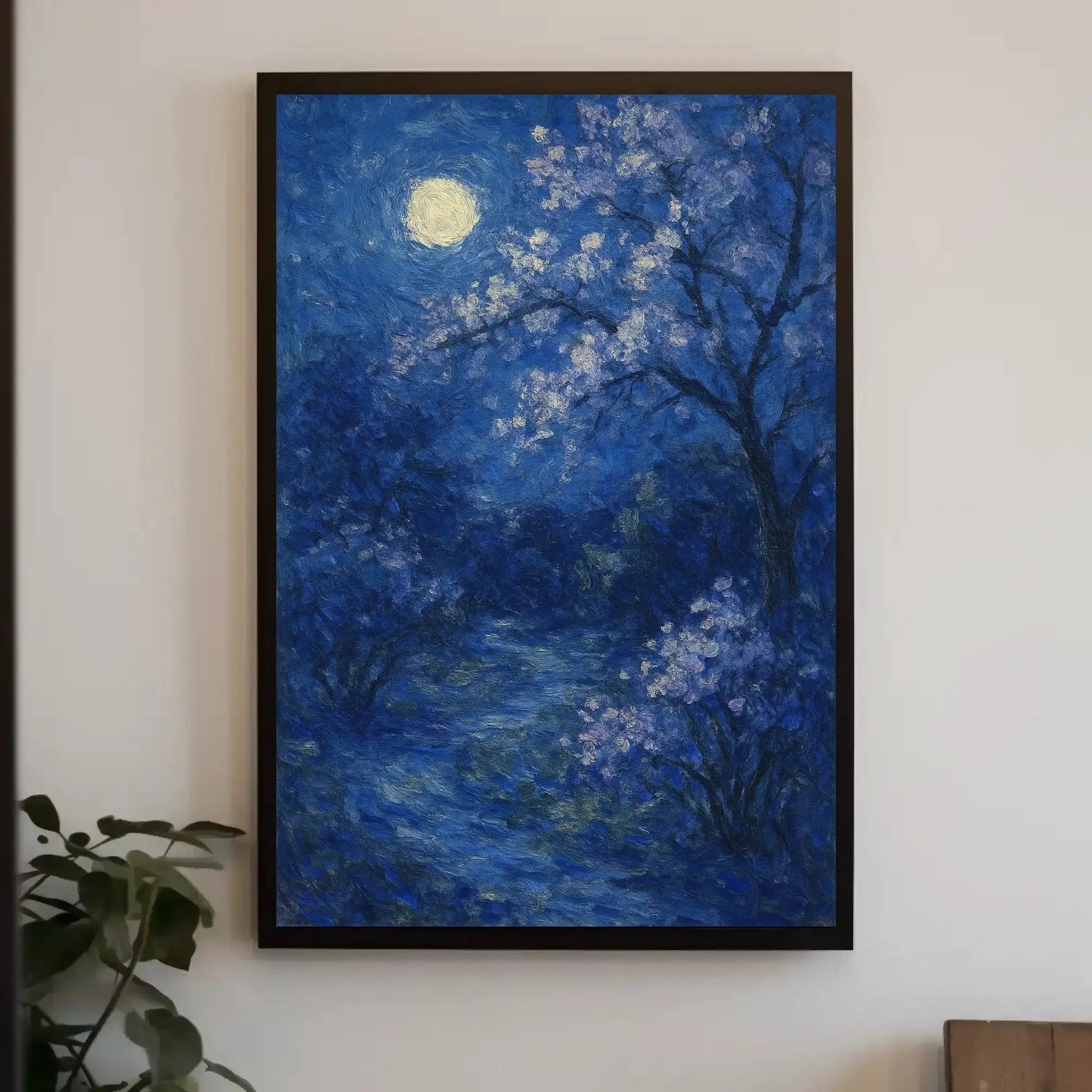 Cherry Blossom Moonlit Night, Impressionistic Artistic Poster PosterGoat