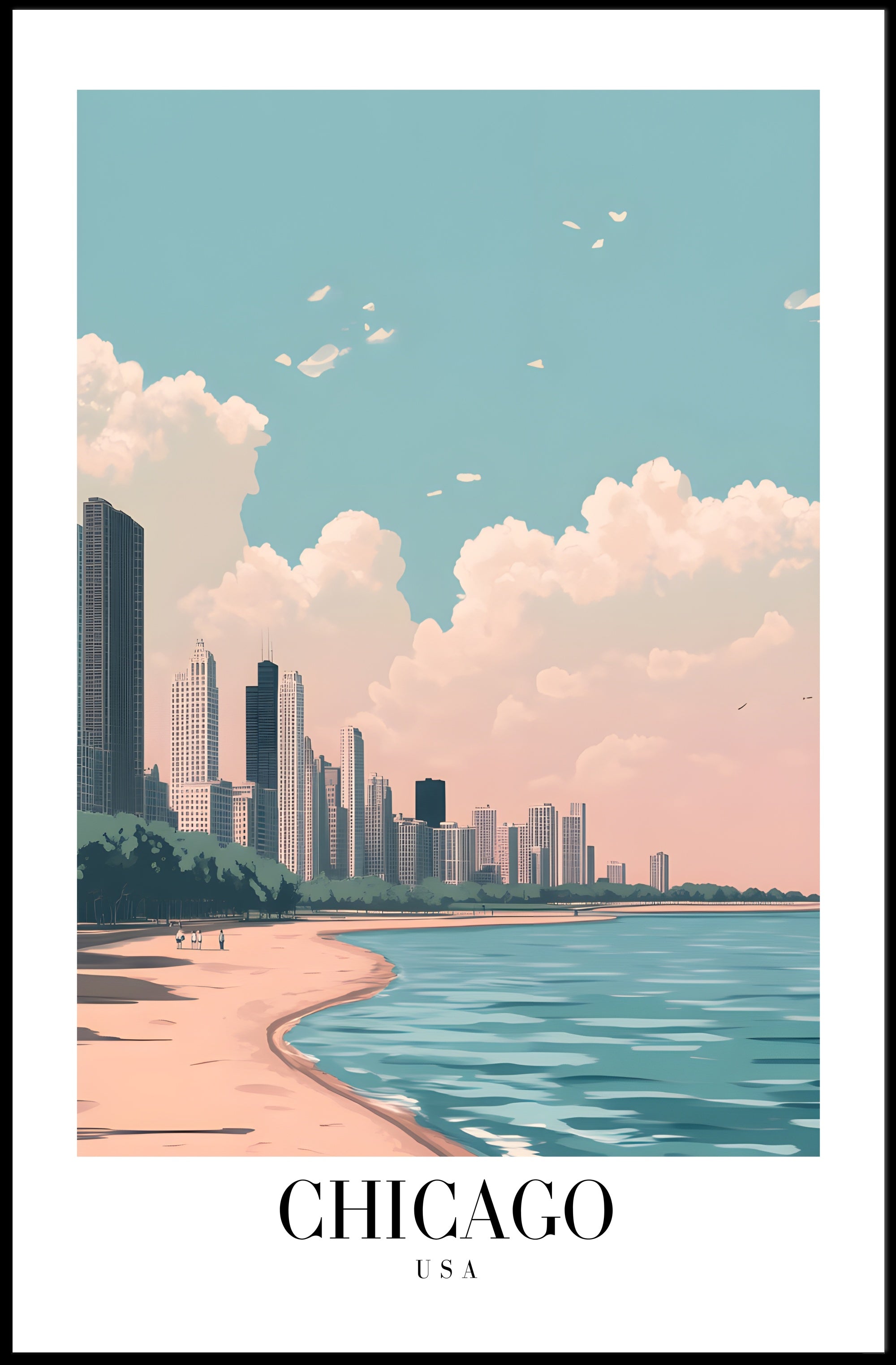 Chicago Lakeside Serenity: Modern Urban Cityscape Poster PosterGoat