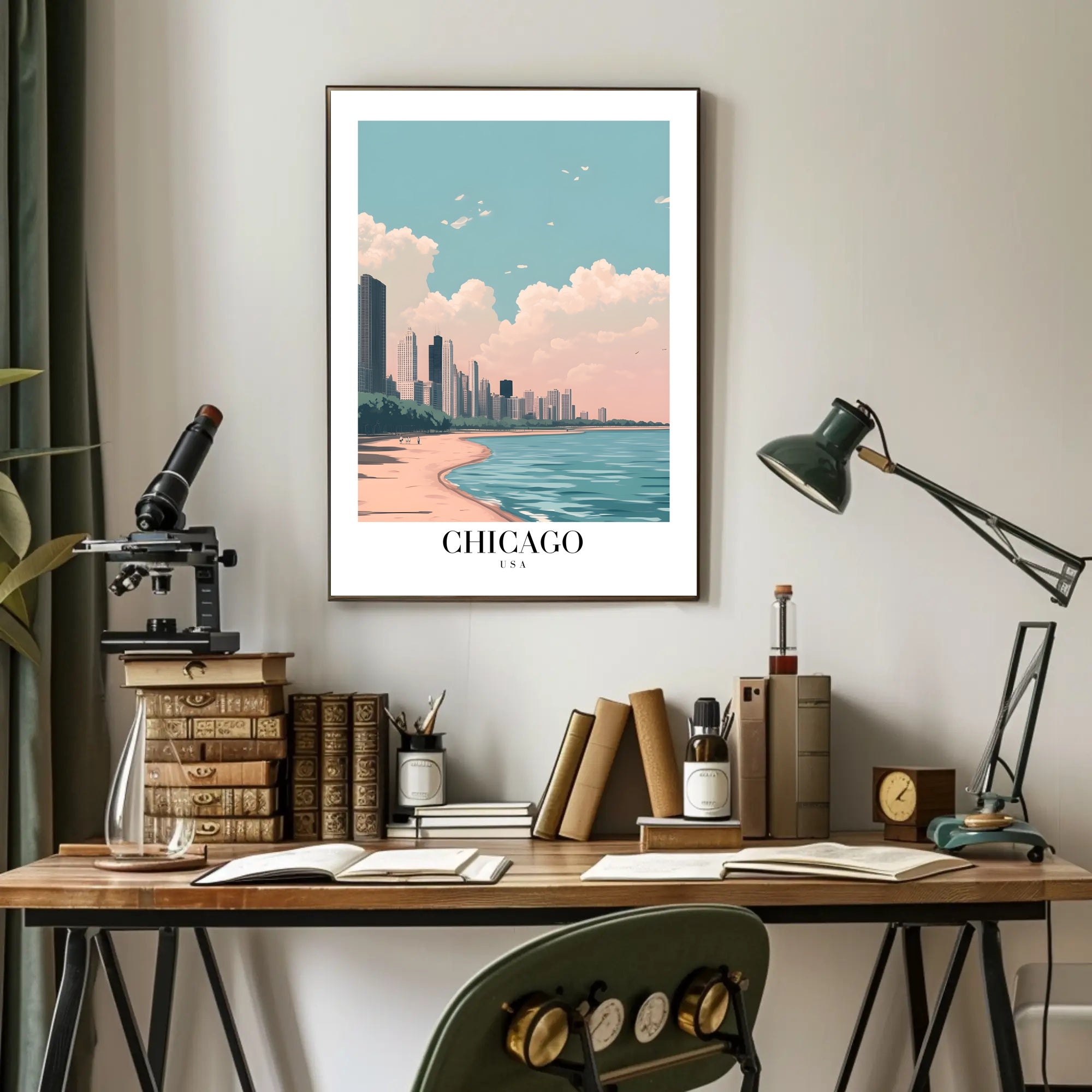 Chicago Lakeside Serenity: Modern Urban Cityscape Poster PosterGoat