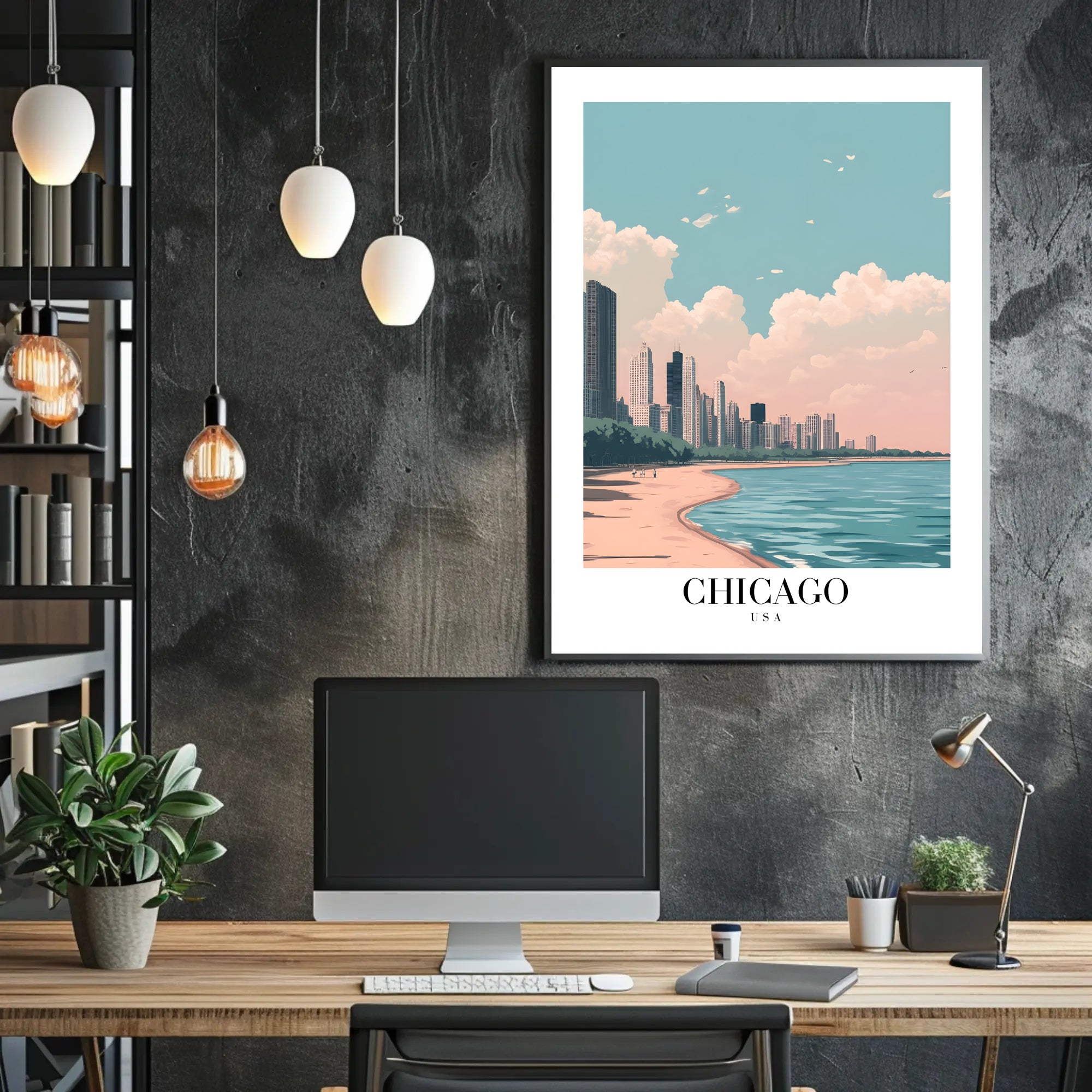 Chicago Lakeside Serenity: Modern Urban Cityscape Poster PosterGoat