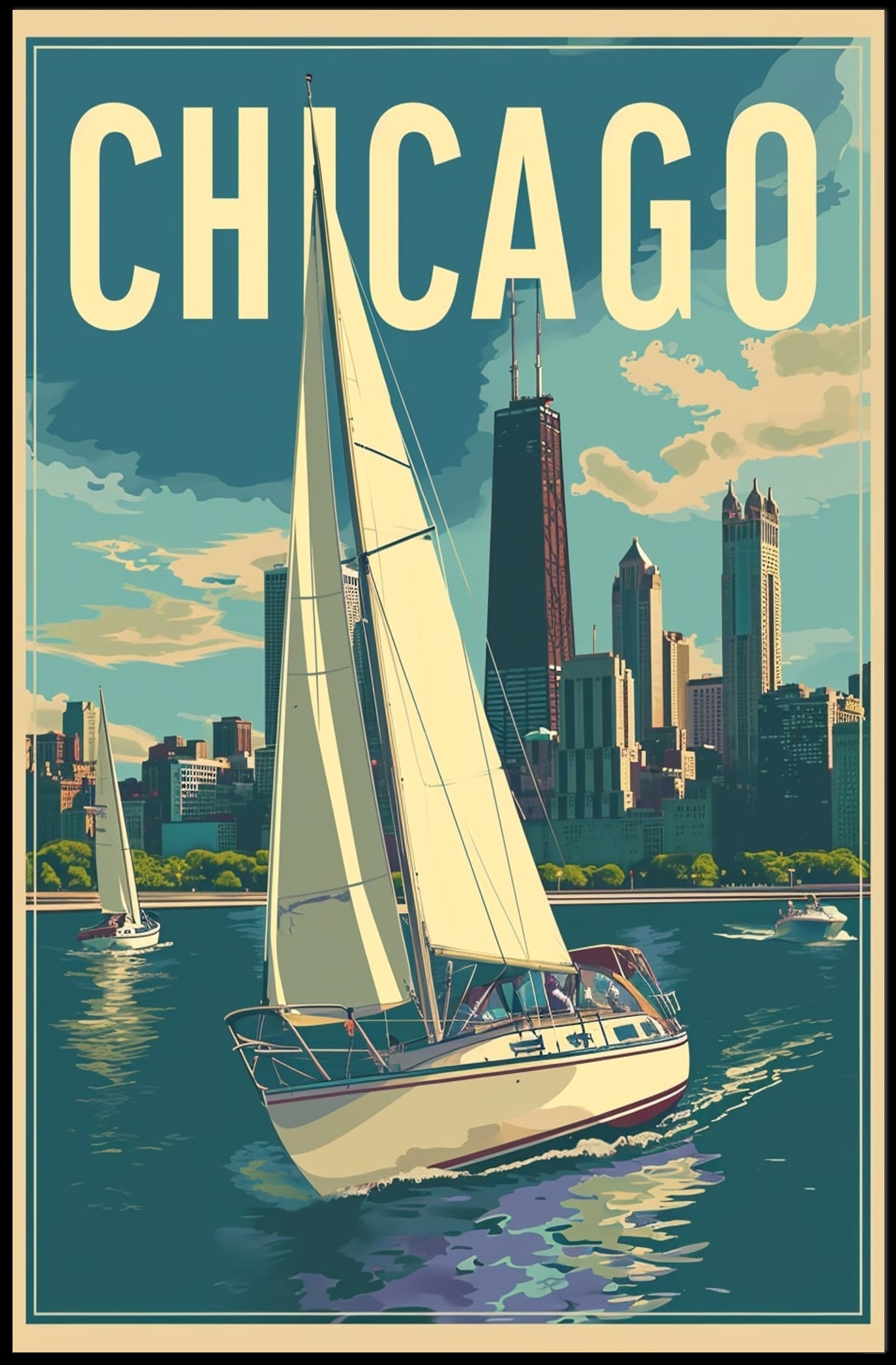 Chicago Skyline Sailing: Vintage Urban Travel Poster PosterGoat
