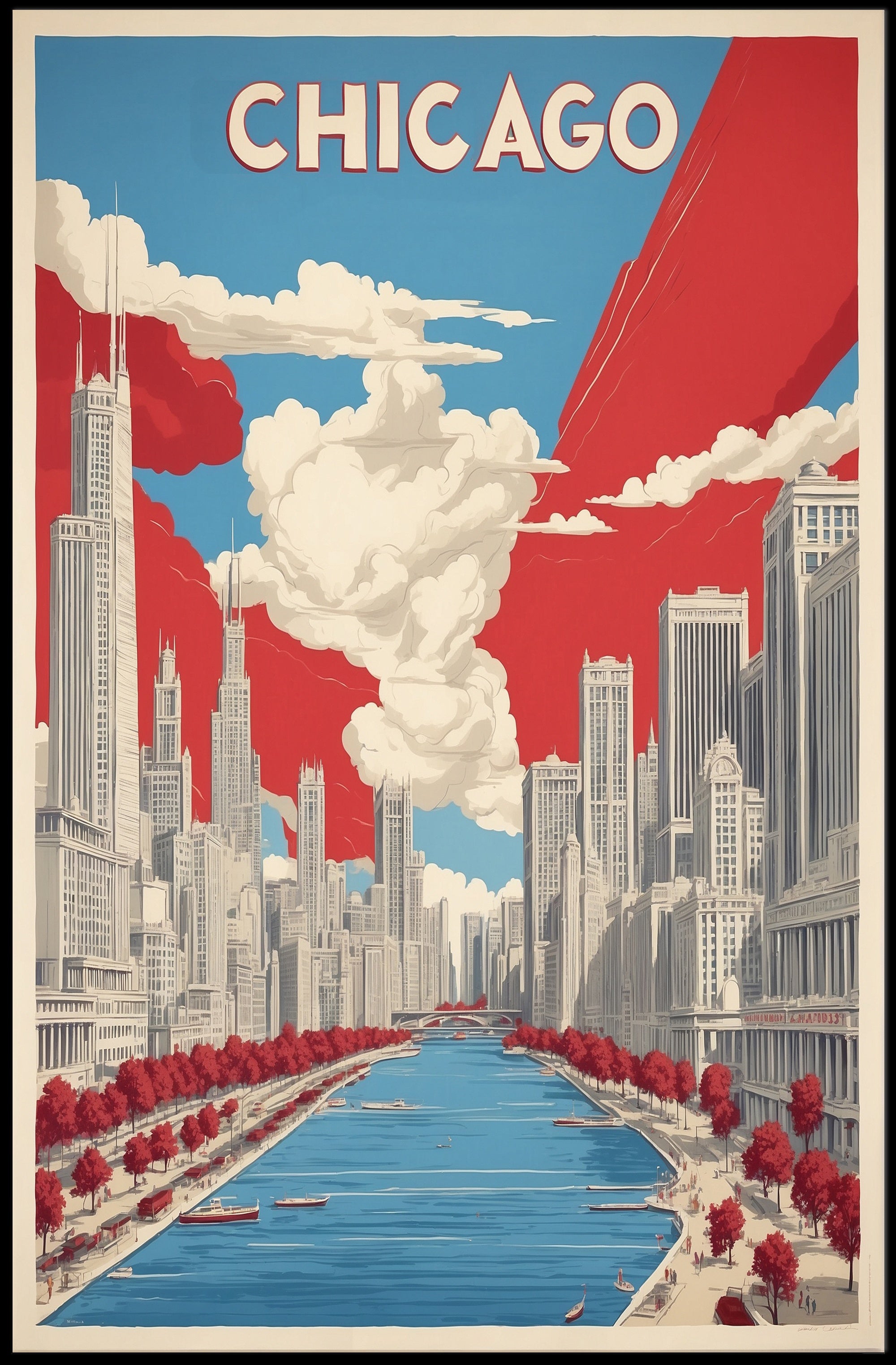 Chicago Skyline and River Modern Urban Cityscape Poster PosterGoat