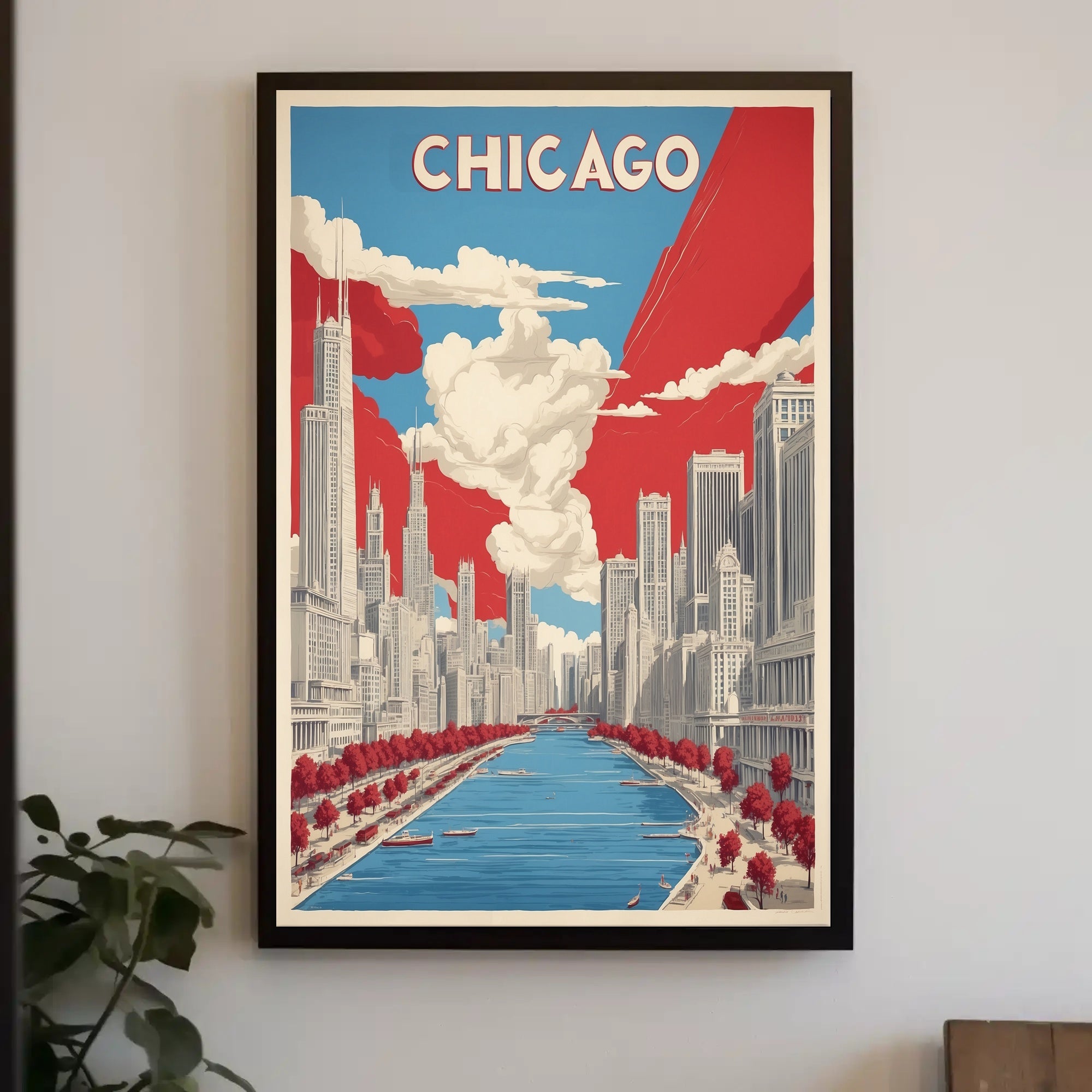 Chicago Skyline and River Modern Urban Cityscape Poster PosterGoat