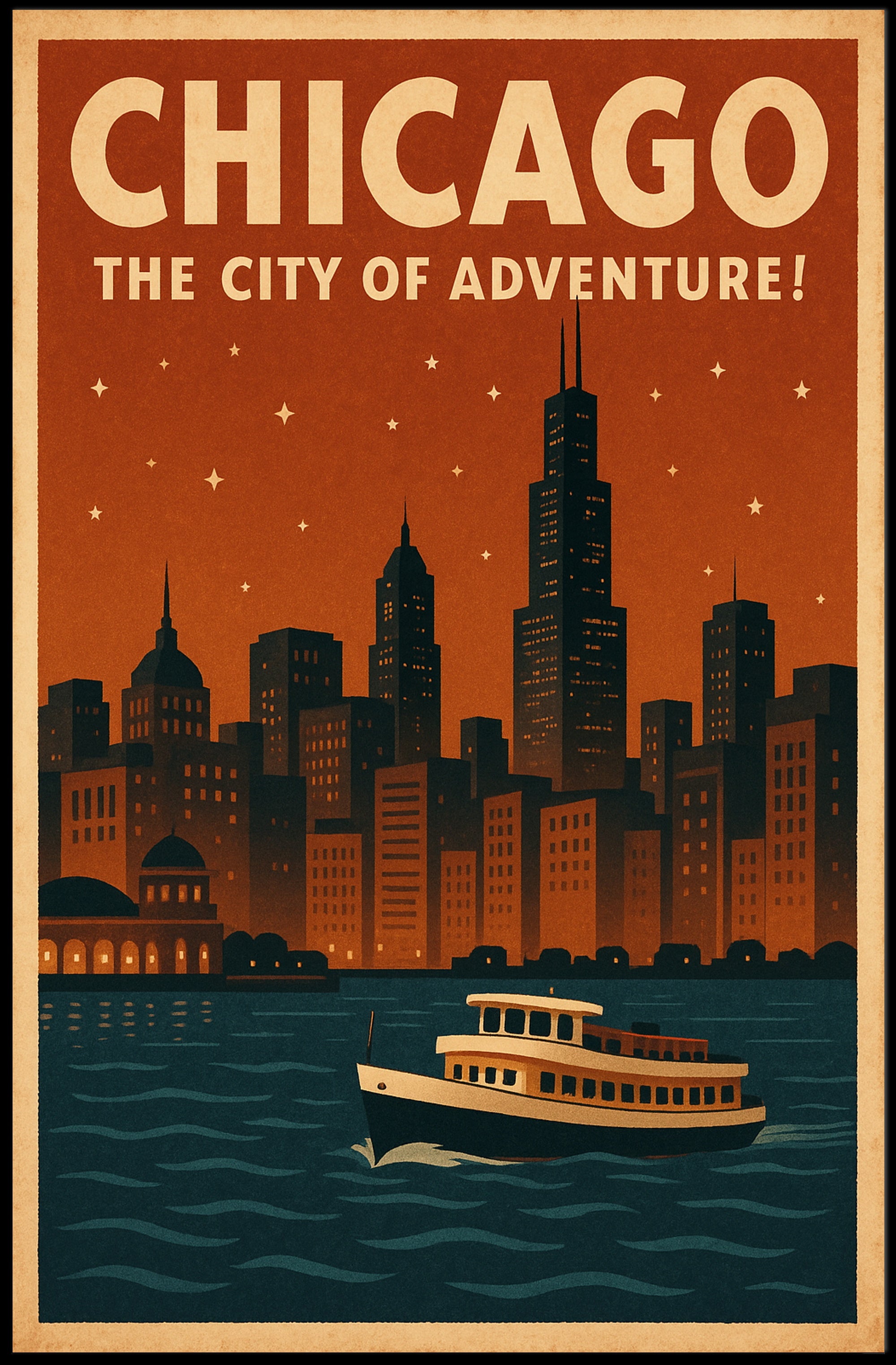 Chicago's Nighttime Romance Skyline Travel Poster PosterGoat