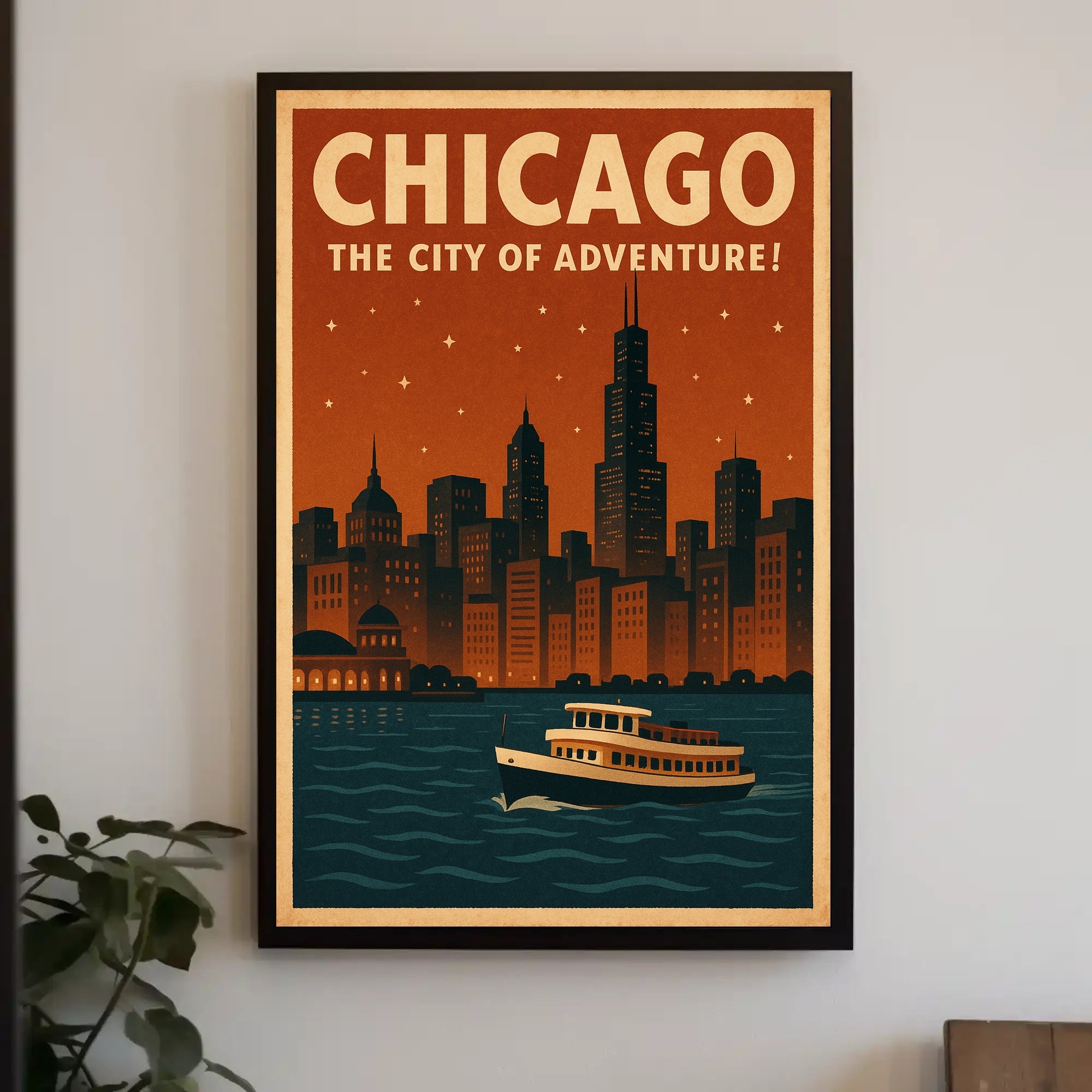 Chicago's Nighttime Romance Skyline Travel Poster PosterGoat