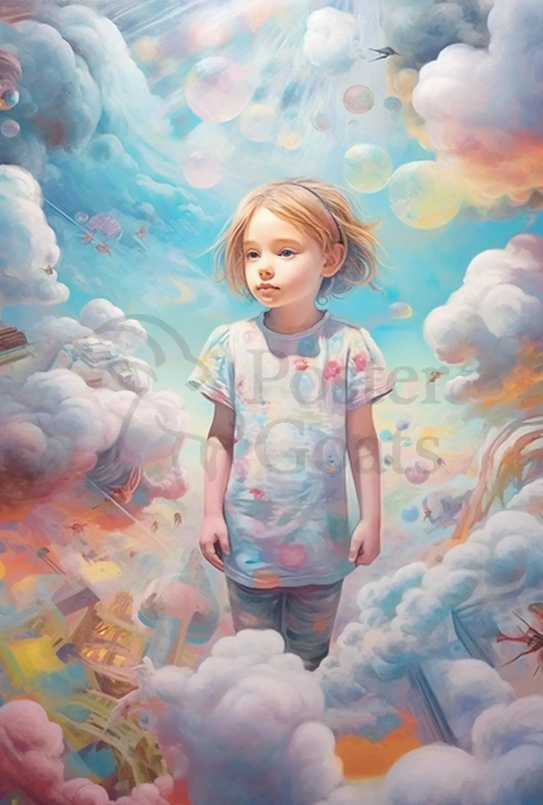 Child's Dreamland: Whimsical Clouds and Bubbles Artistic Poster PosterGoat