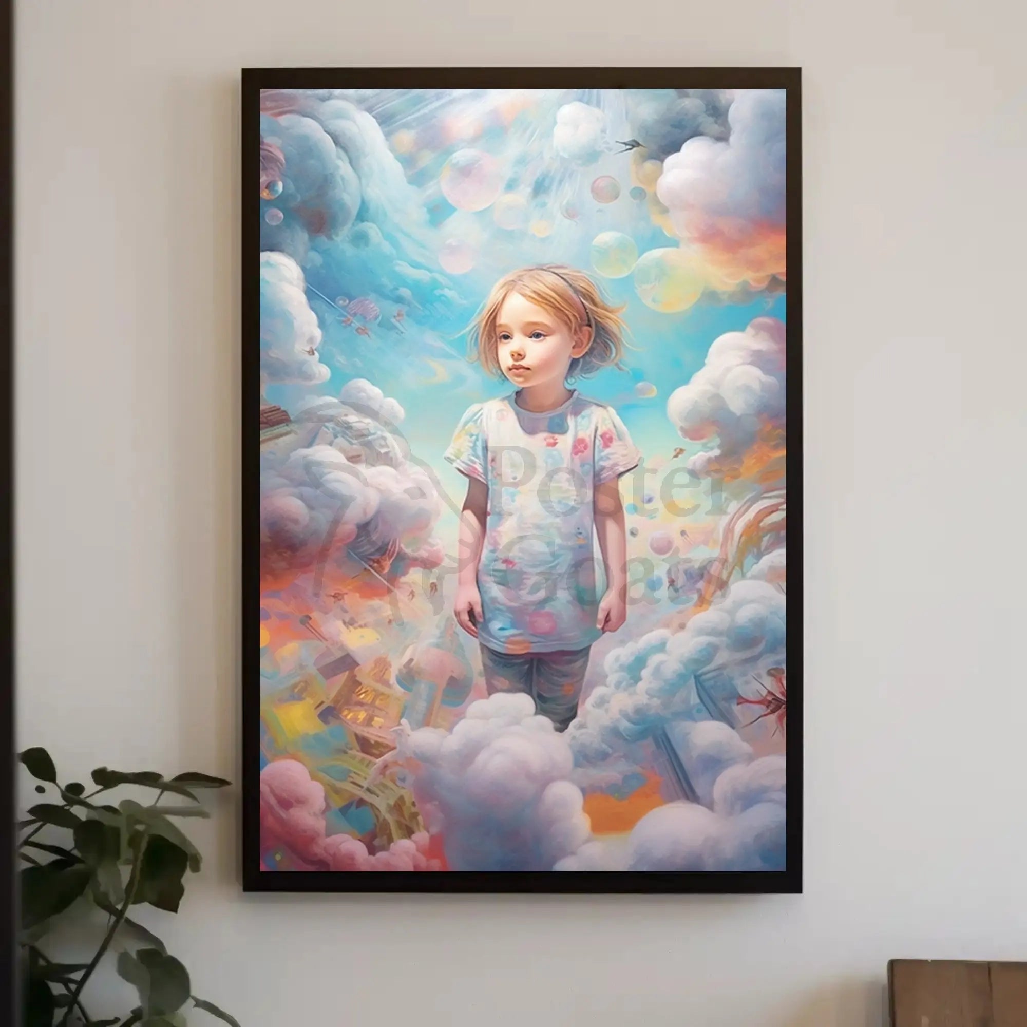 Child's Dreamland: Whimsical Clouds and Bubbles Artistic Poster PosterGoat