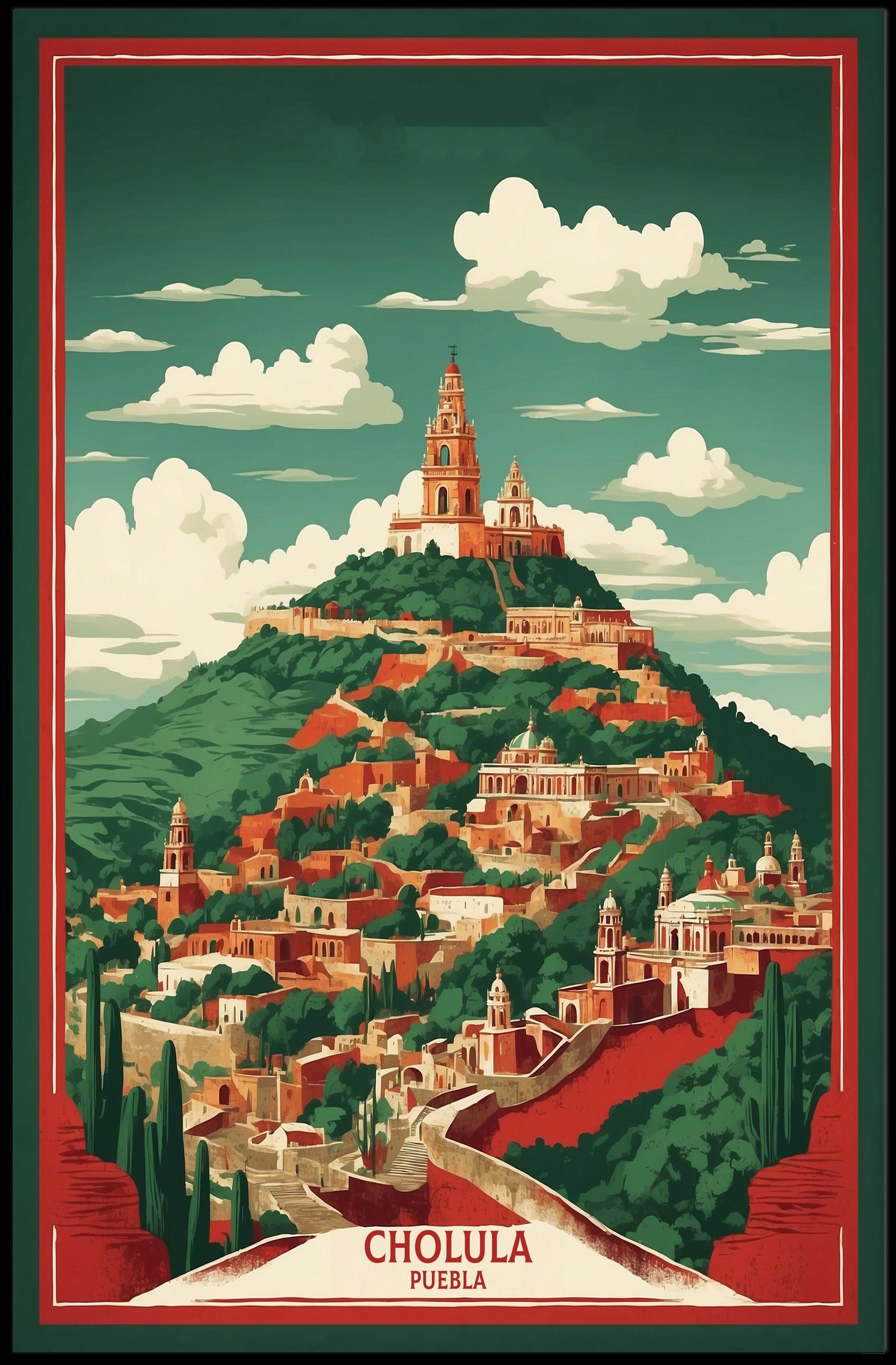 Cholula Pyramid and Church Scenic Travel Poster PosterGoat