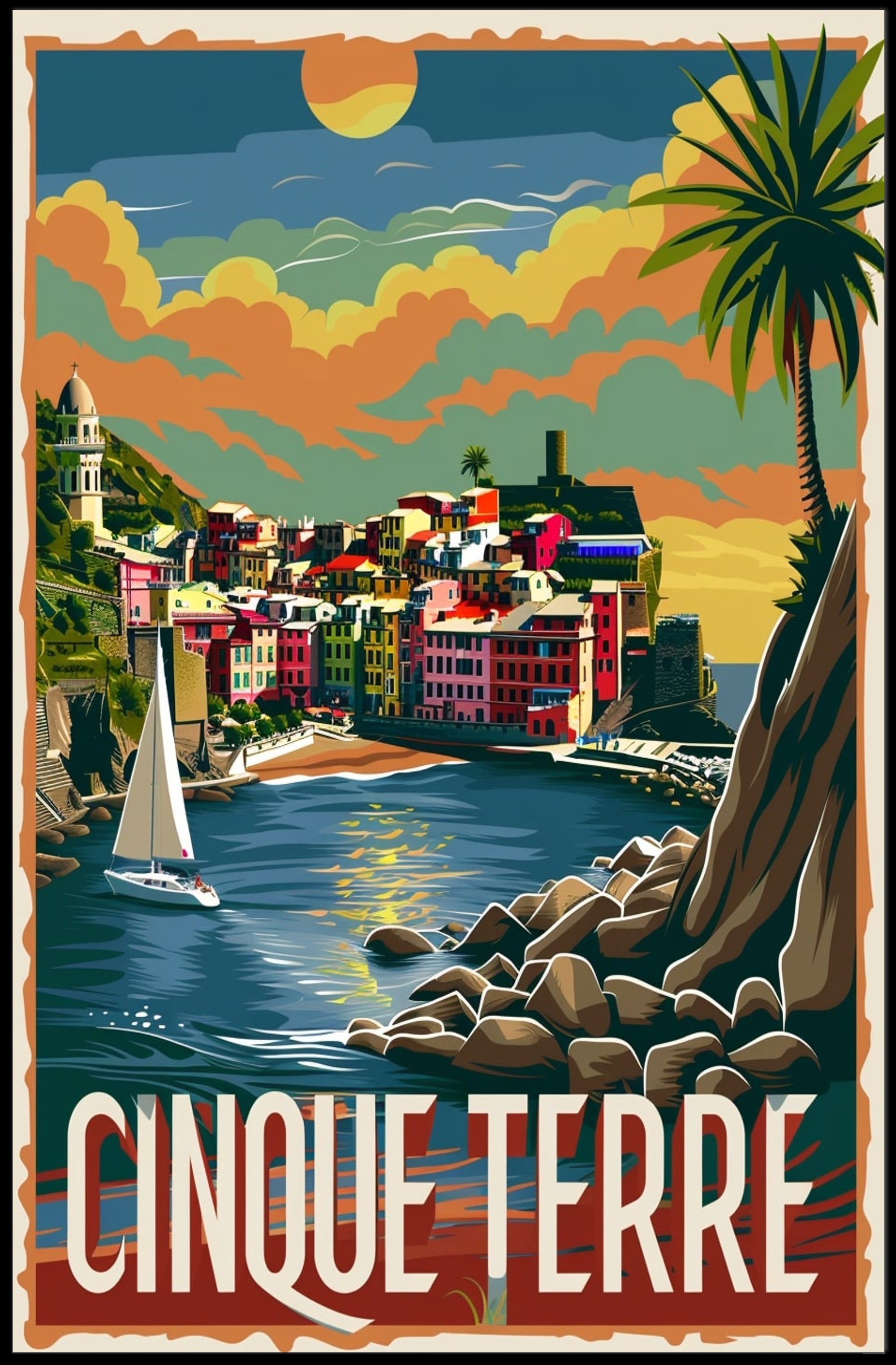 Cinque Terre Sailboat Sunset: Vintage Travel Poster PosterGoat