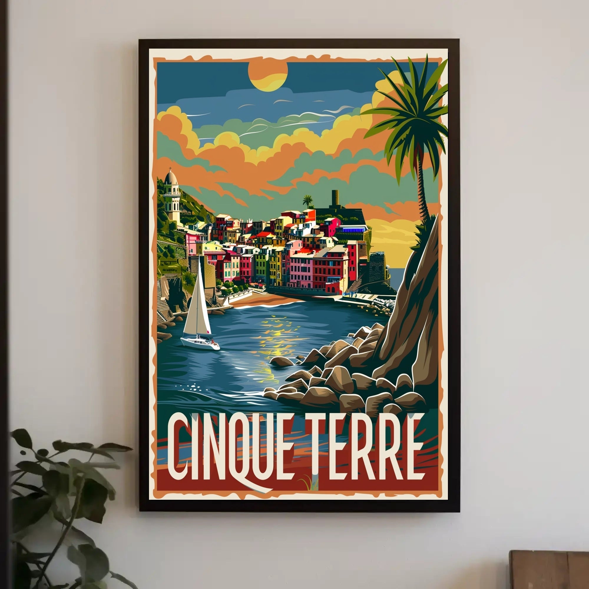 Cinque Terre Sailboat Sunset: Vintage Travel Poster PosterGoat