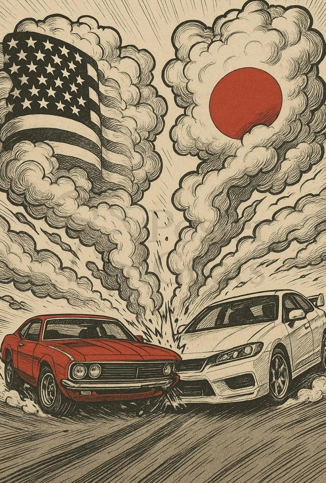 Clash of Icons Automotive Rivalry Artistic Poster PosterGoat