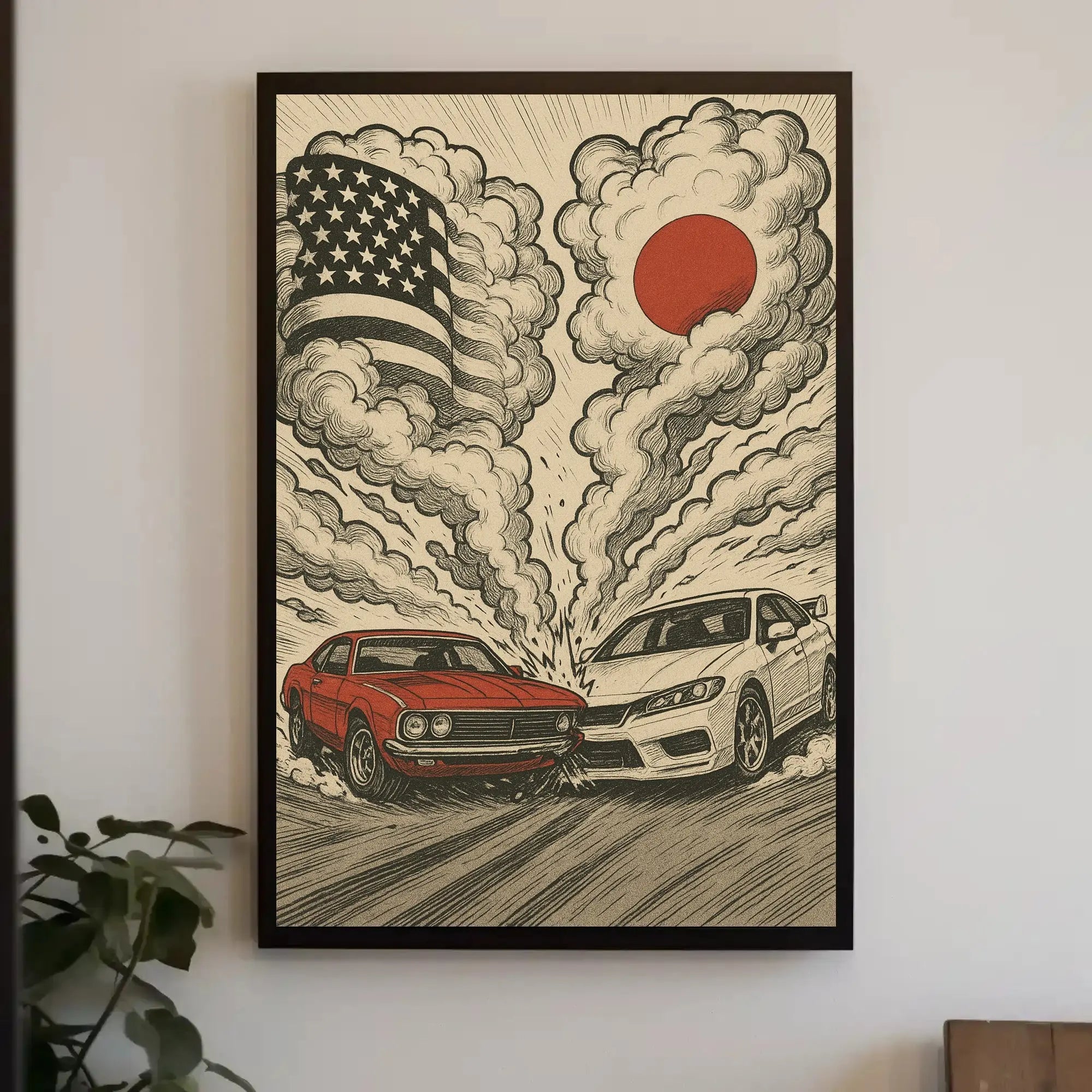 Clash of Icons Automotive Rivalry Artistic Poster PosterGoat