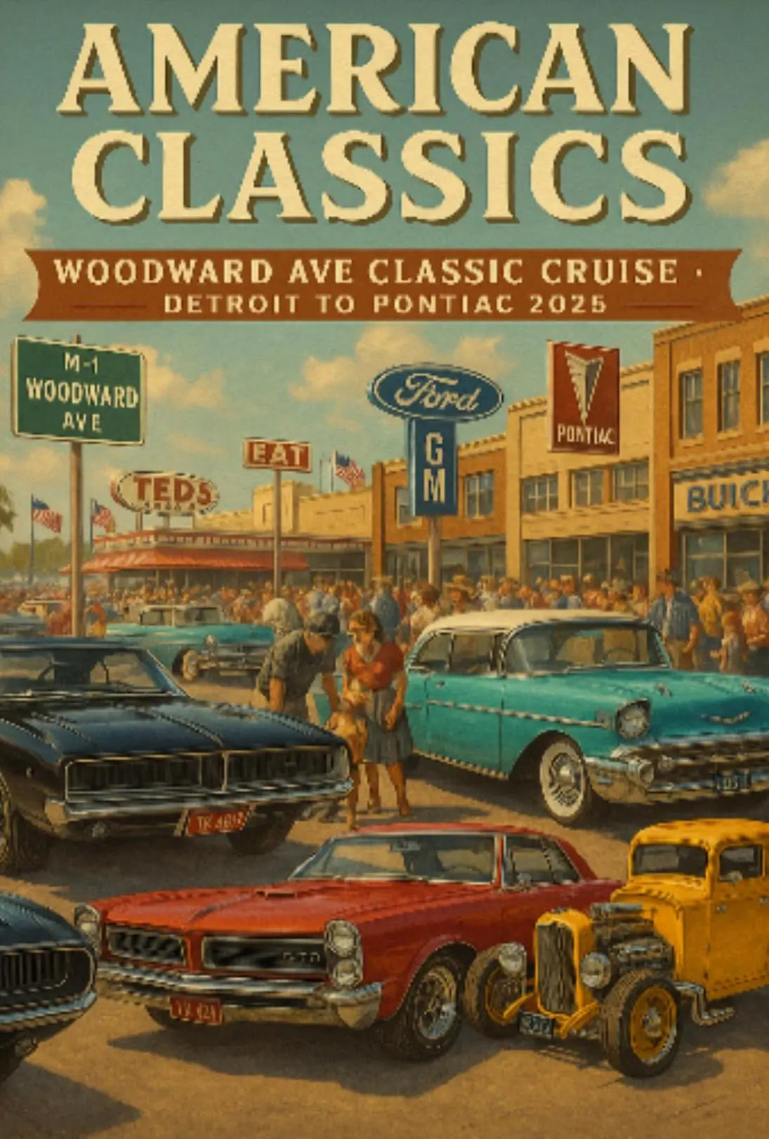Classic American Cars Cruise Woodward Avenue Heritage Poster PosterGoat