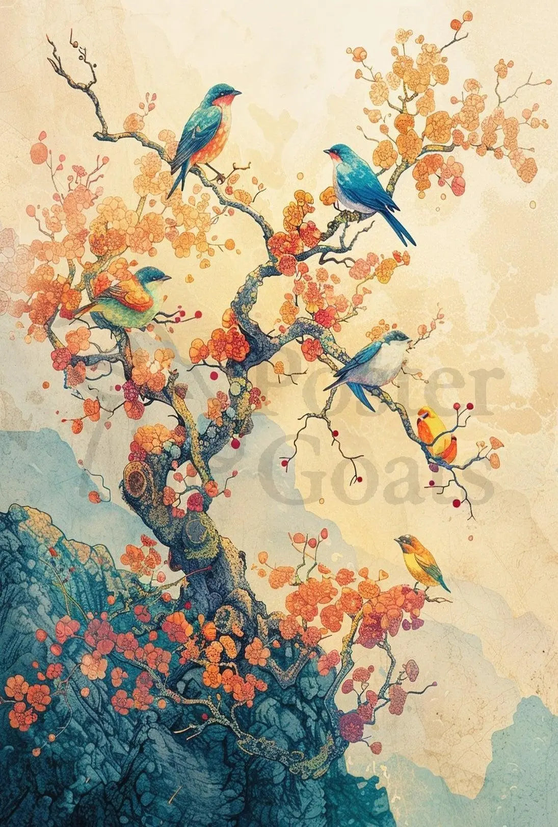 Colorful Birds on Tree: Artistic Asian-Inspired Poster PosterGoat