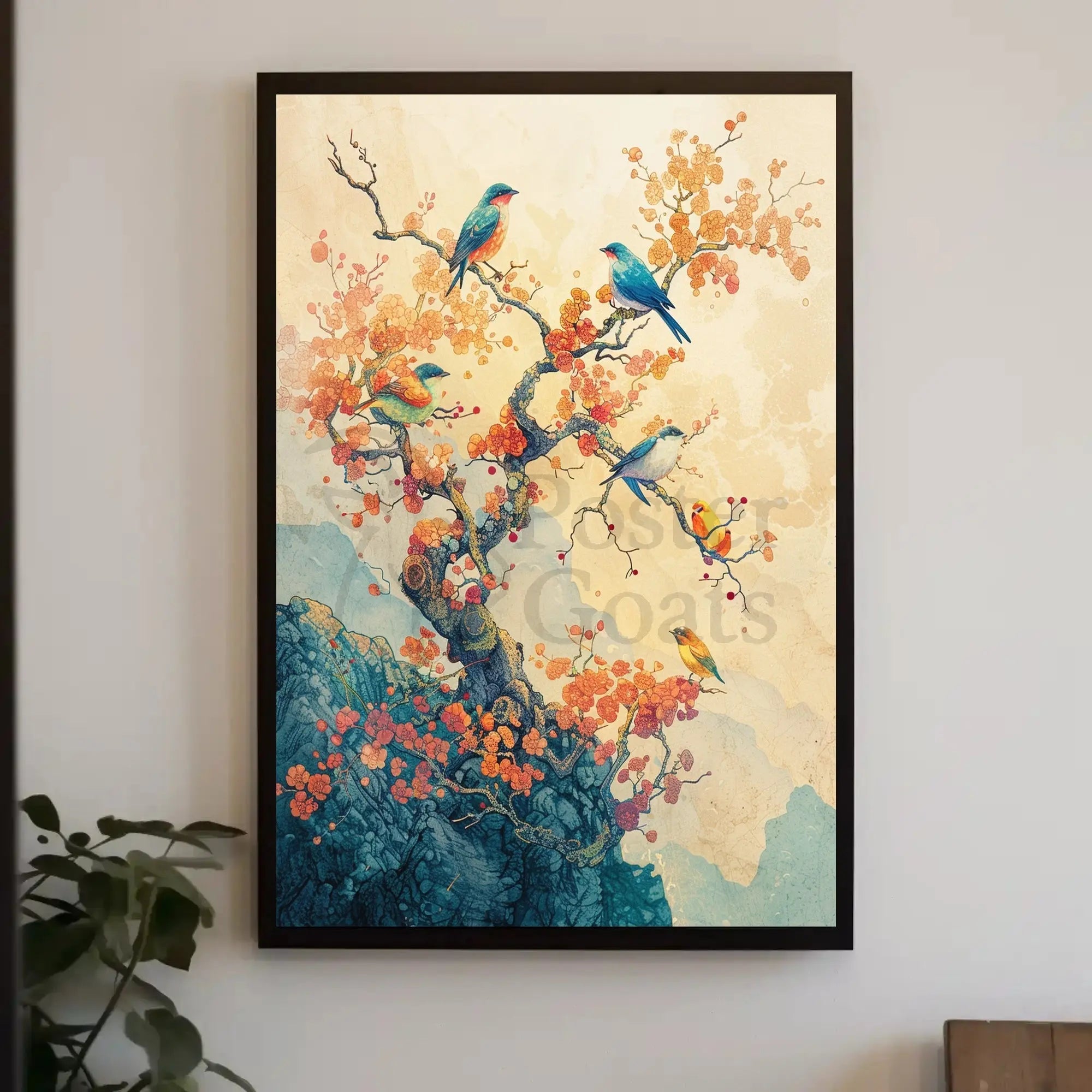Colorful Birds on Tree: Artistic Asian-Inspired Poster PosterGoat