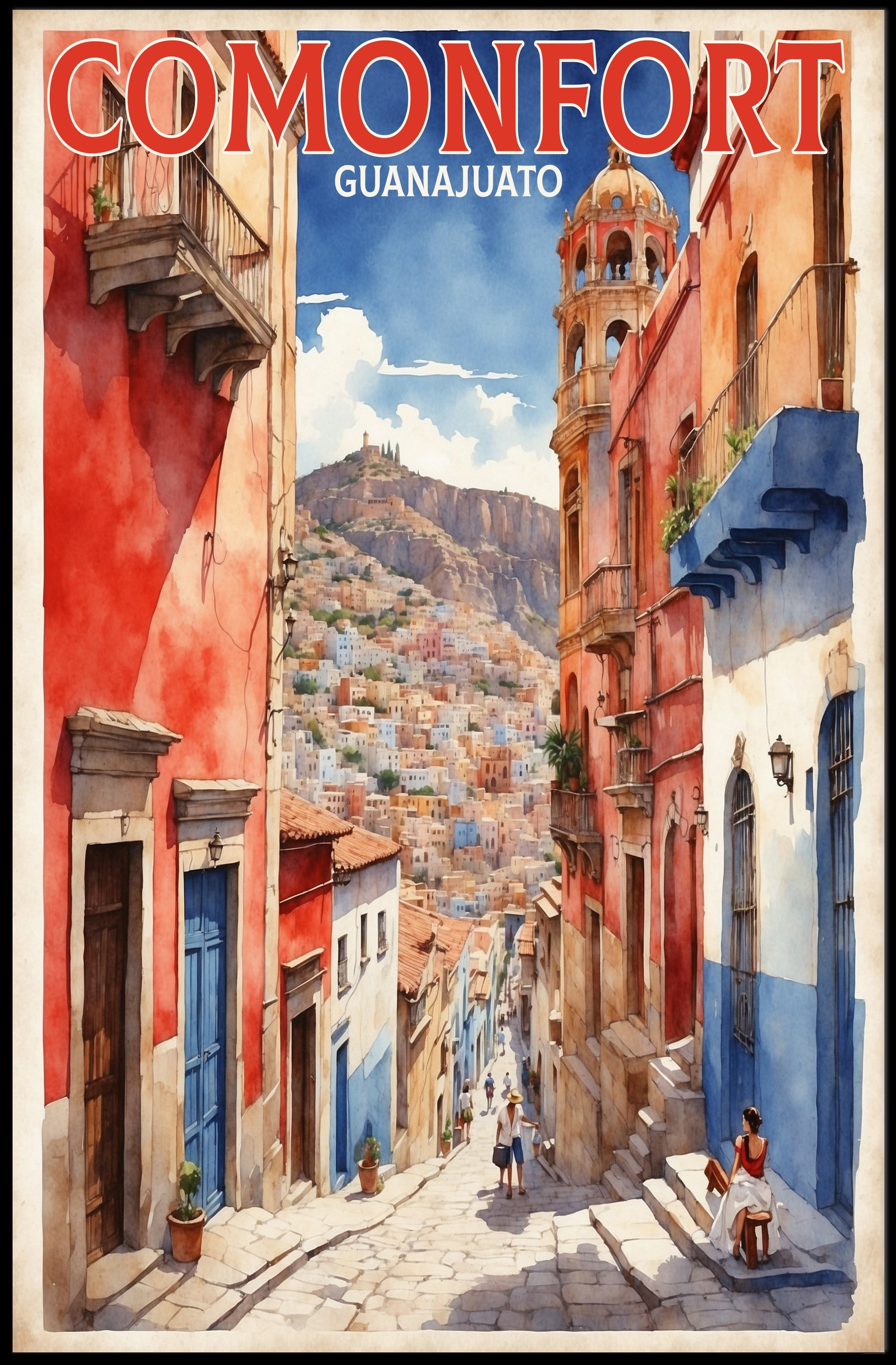 Colorful Comonfort Street Scene Cultural or Heritage Poster PosterGoat