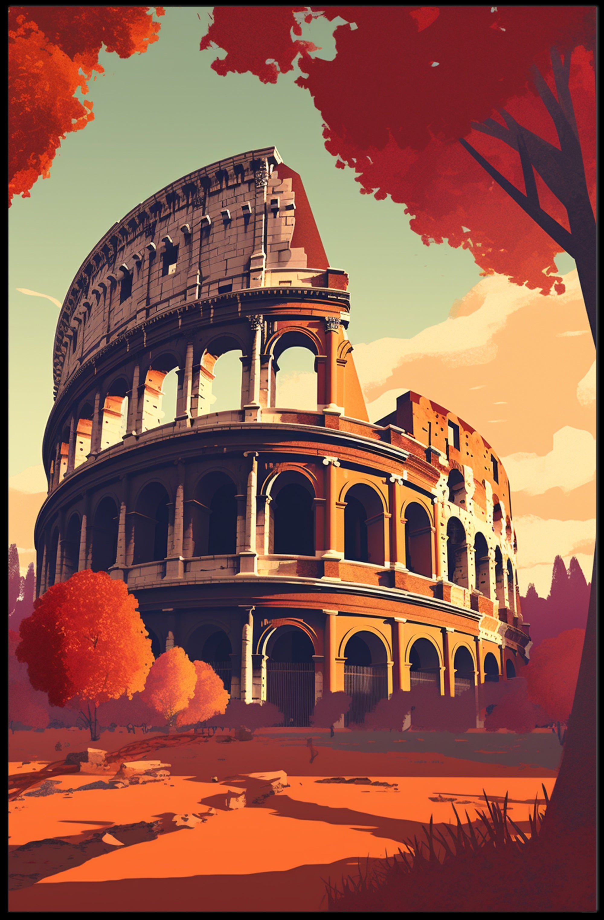 Colosseum Italy in Vibrant Autumn Travel Poster PosterGoat