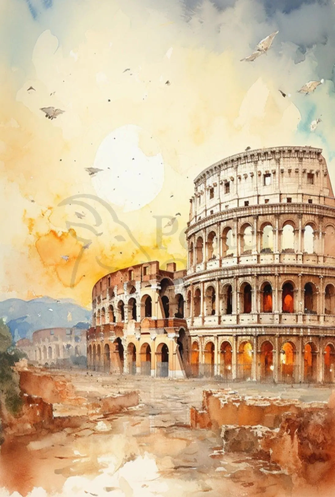 Colosseum Sunrise Watercolor Rome Cultural Heritage Poster PosterGoat
