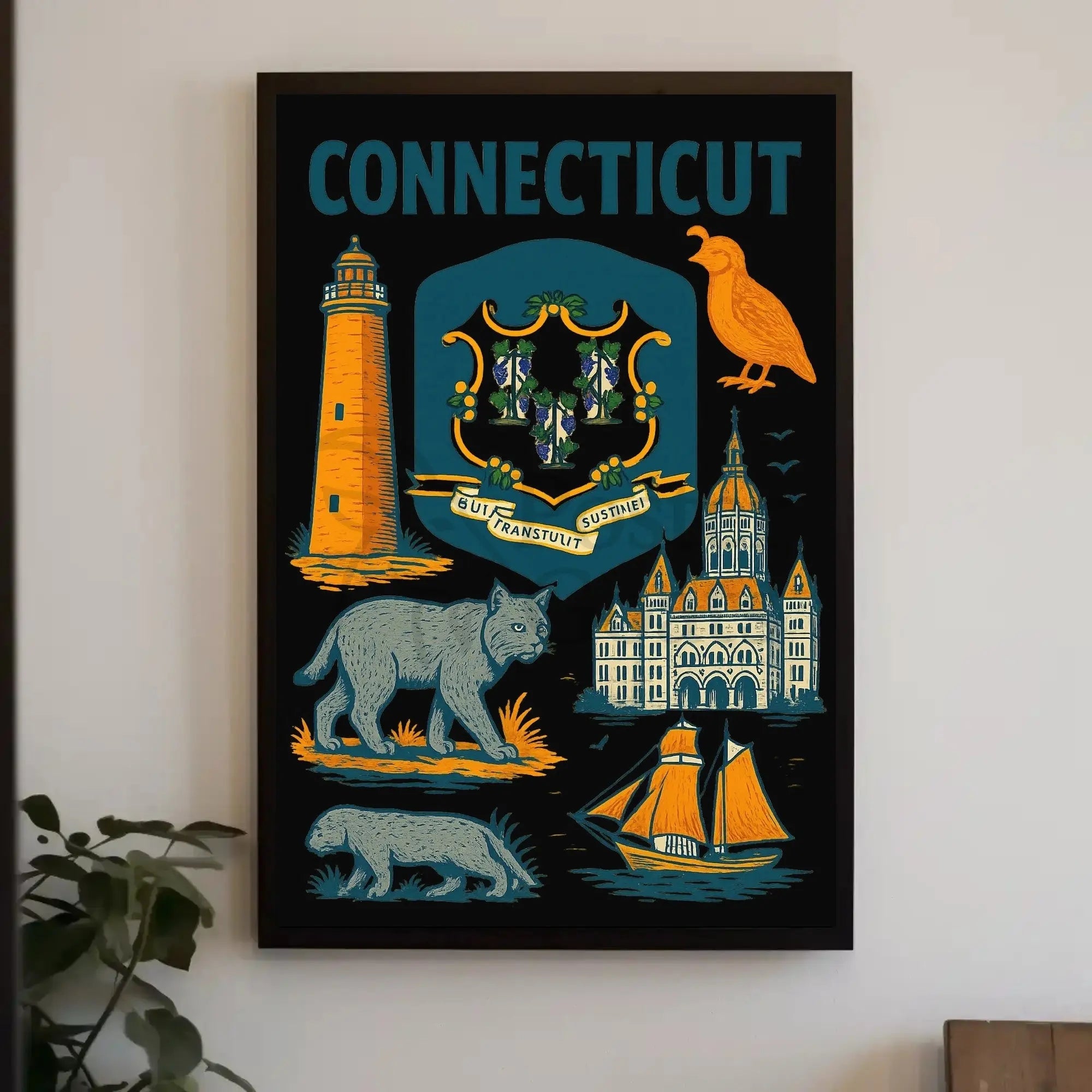 Connecticut Heritage Illustrated Art Print Vintage Cultural or Heritage Poster PosterGoat