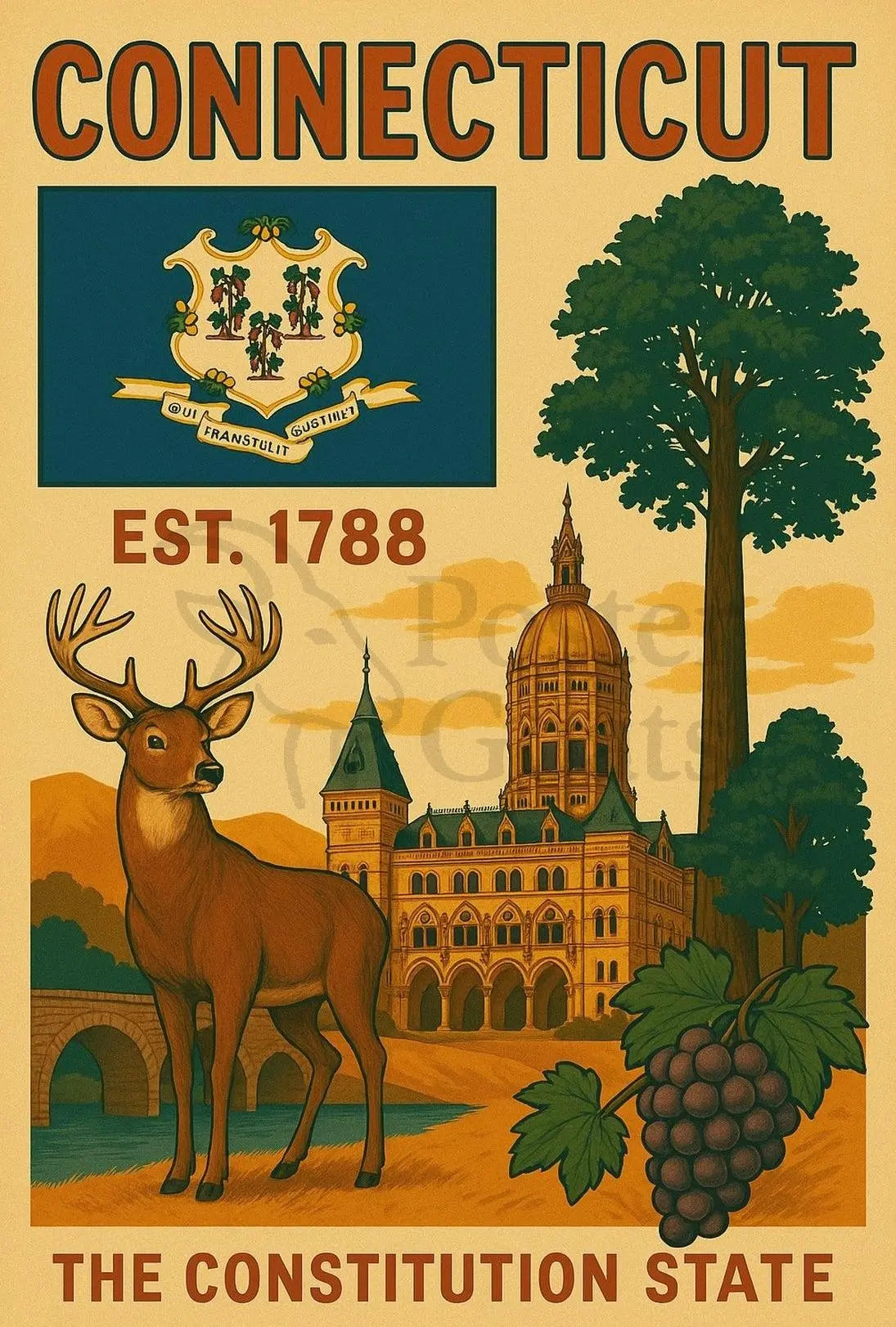 Connecticut Vintage State Emblem Poster Cultural or Heritage Poster PosterGoat