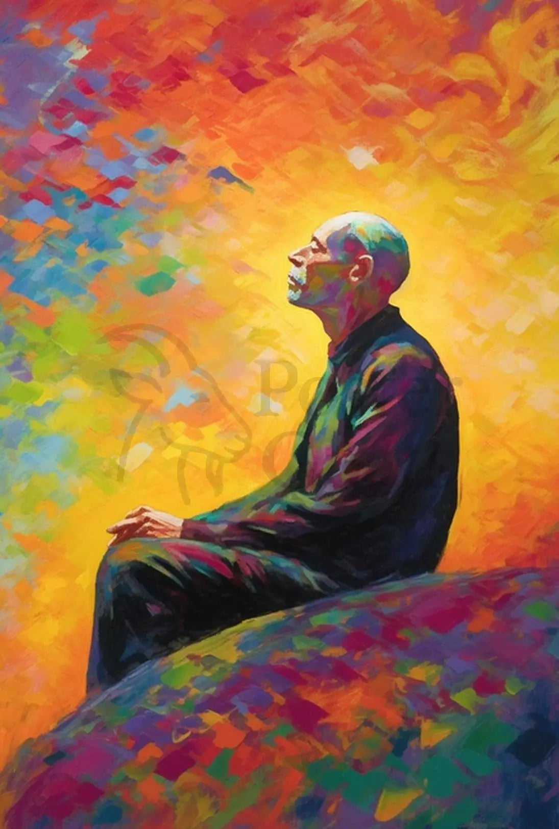 Contemplative Man in Vibrant Impressionist Abstract Artistic Poster PosterGoat