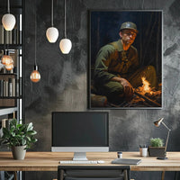 Contemplative Soldier by Campfire WWII Poster PosterGoat