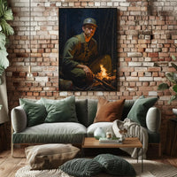 Contemplative Soldier by Campfire WWII Poster PosterGoat
