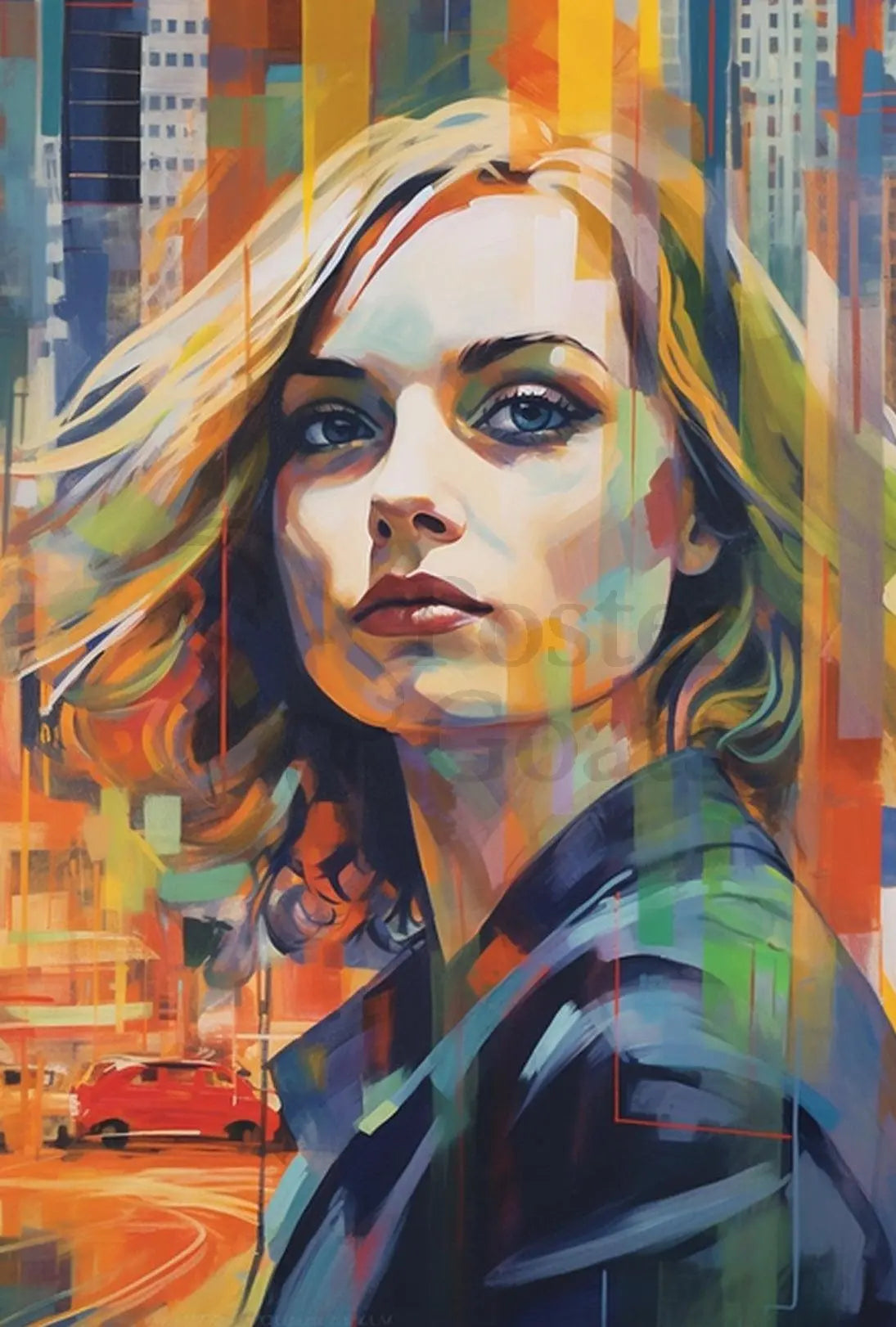 Contemporary Woman in Dynamic Cityscape Artistic Poster PosterGoat