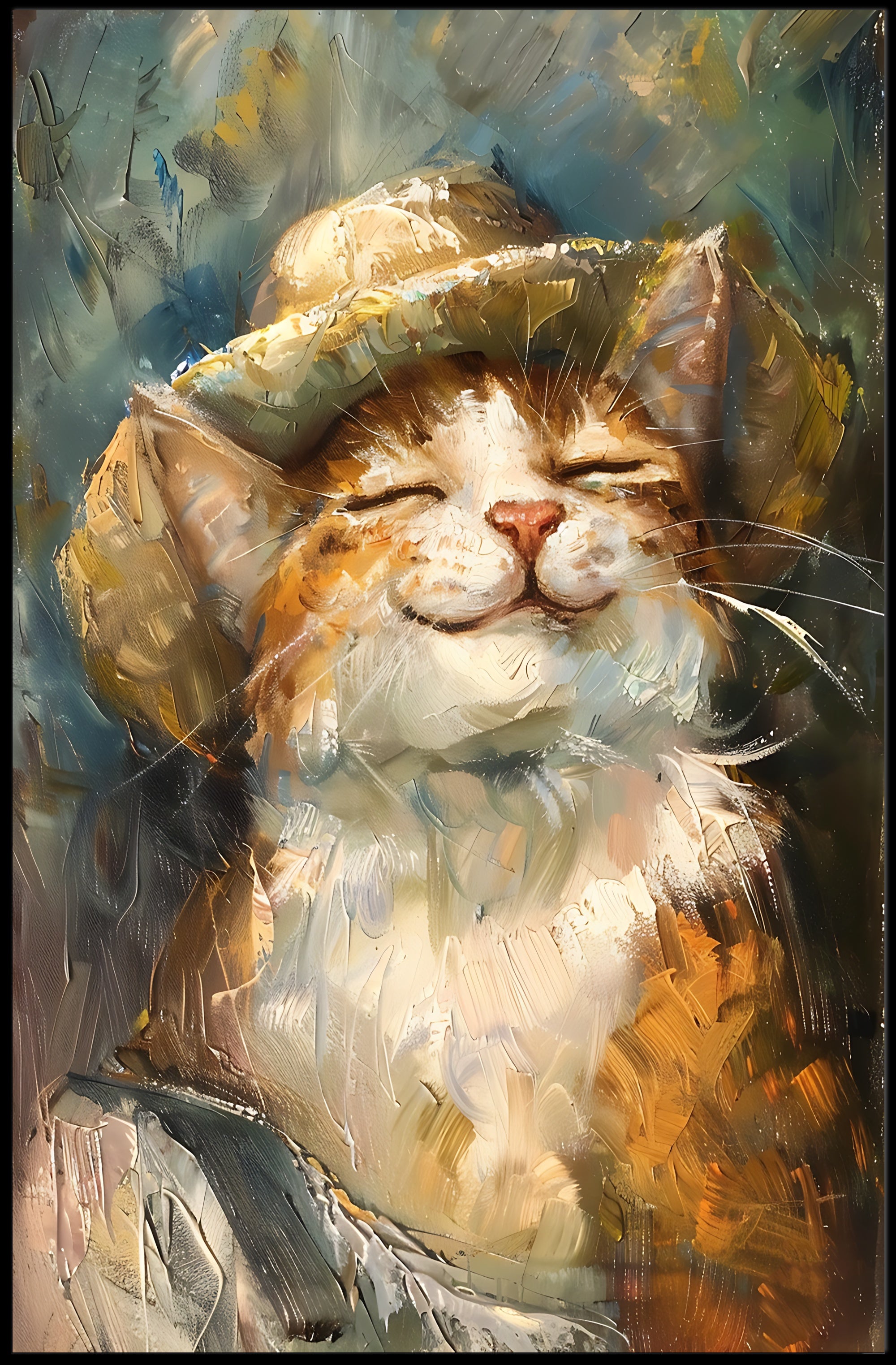 Contented Cat in Straw Hat Animal Poster PosterGoat