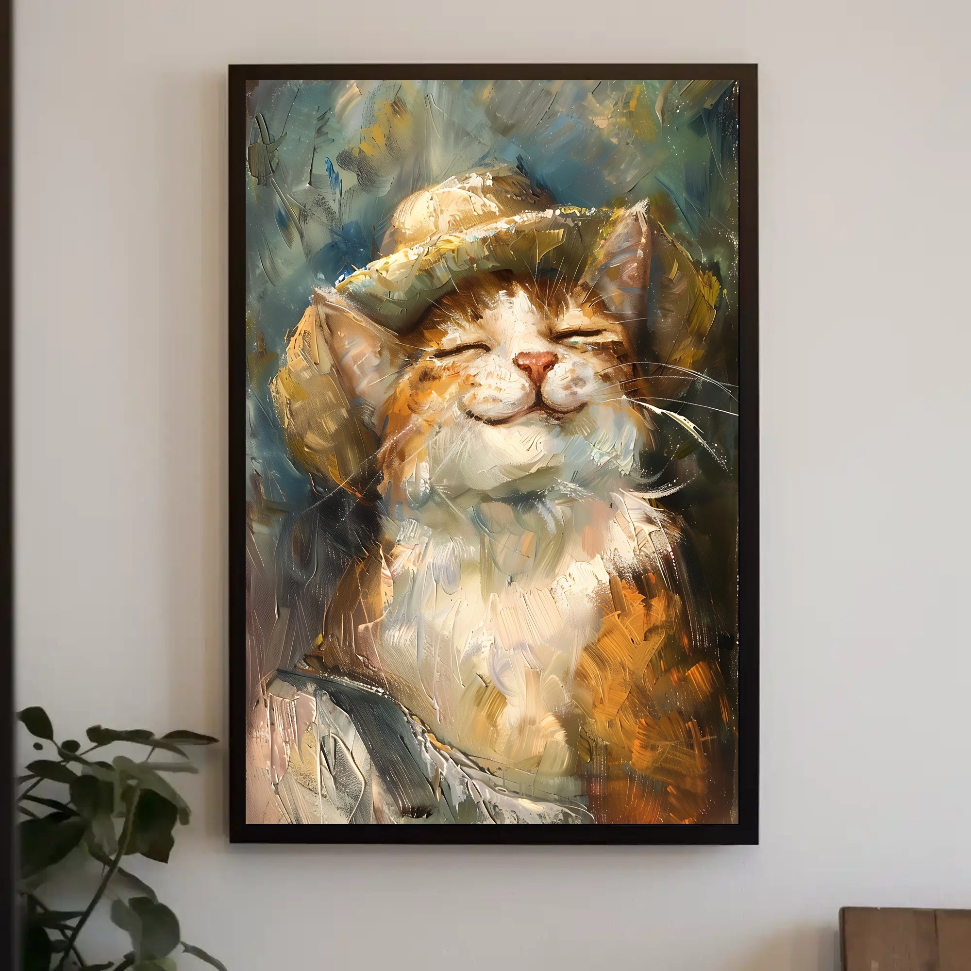 Contented Cat in Straw Hat Animal Poster PosterGoat