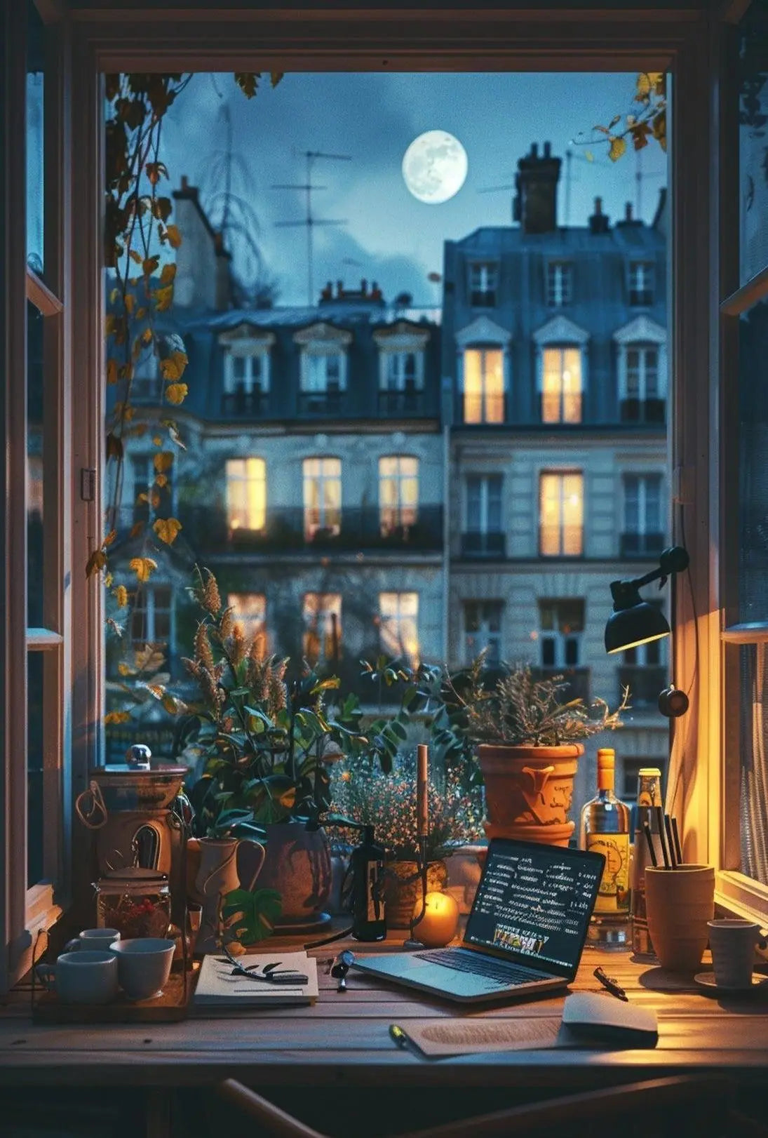 Cozy Modern Apartment Scene at Night Artistic Poster PosterGoat