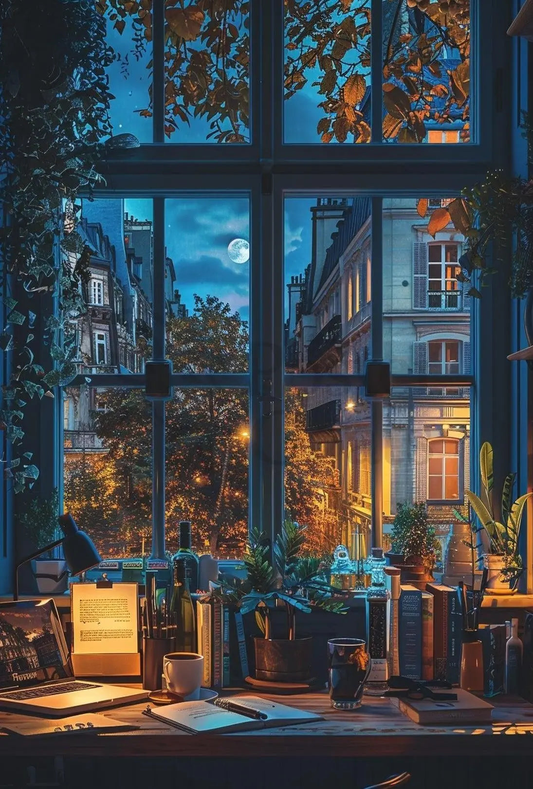 Cozy Study Nighttime Ambiance Modern Workspace Artistic Poster PosterGoat
