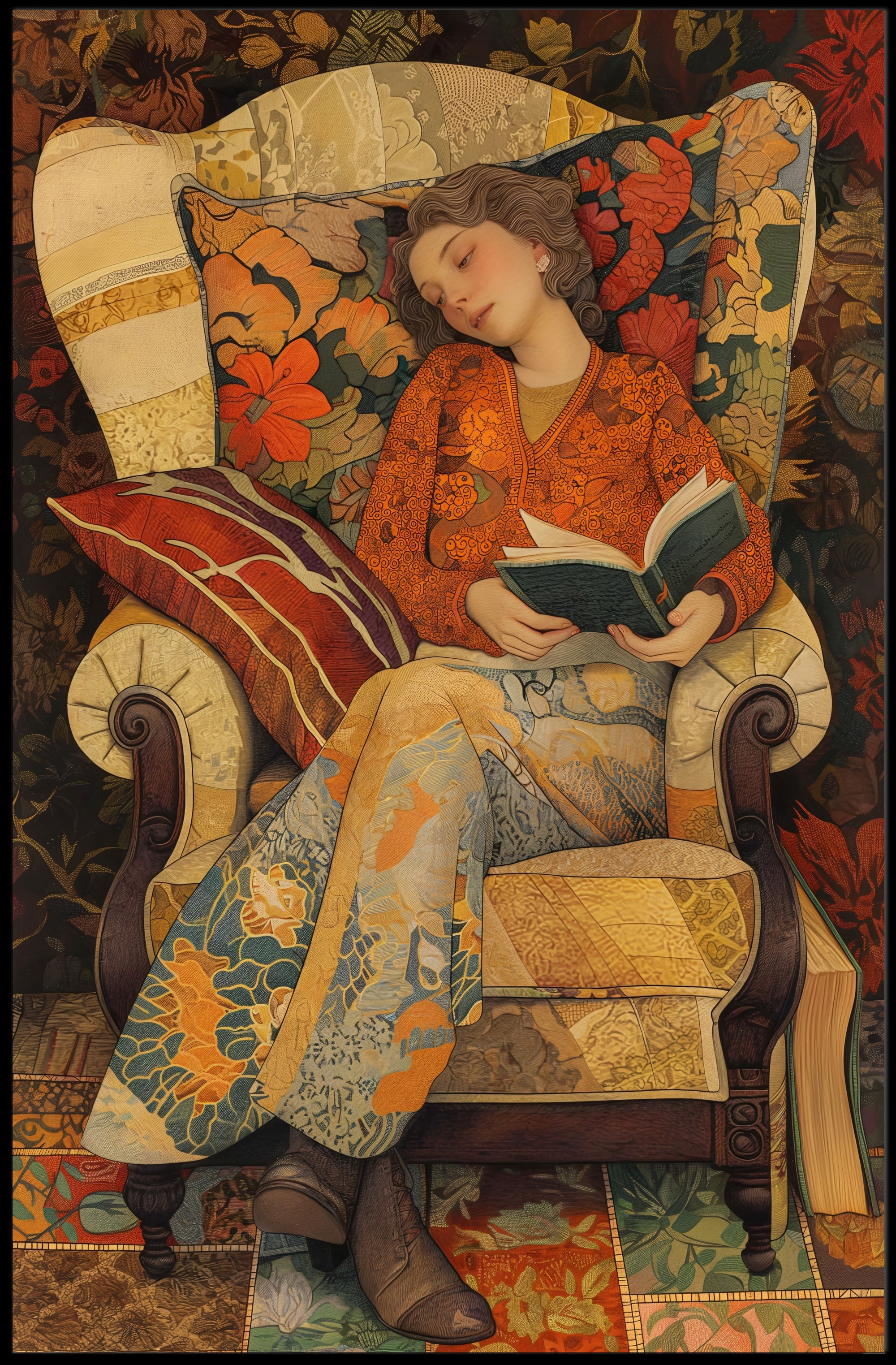 Cozy Vintage Illustration of Woman Reading - Artistic Poster PosterGoat