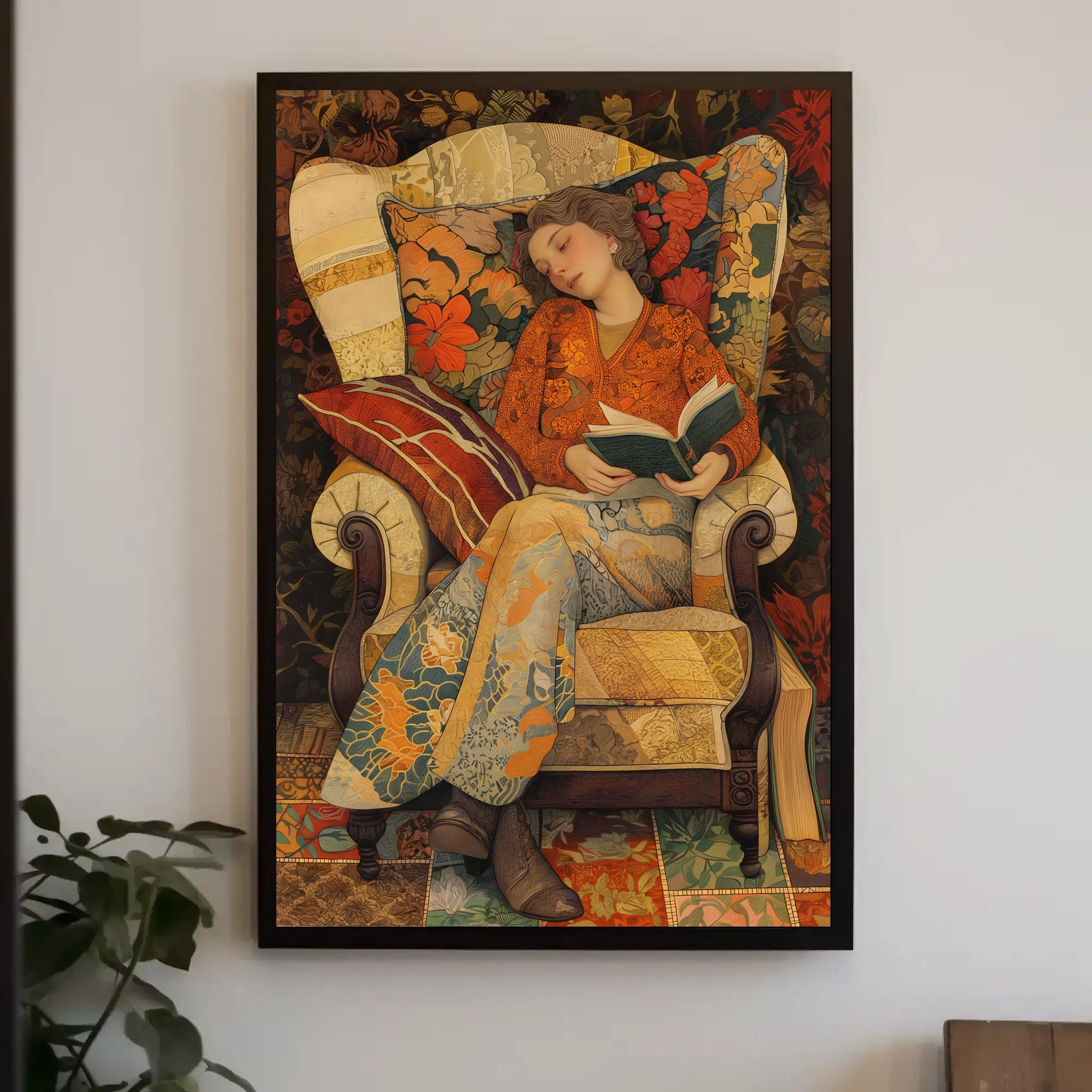 Cozy Vintage Illustration of Woman Reading - Artistic Poster PosterGoat