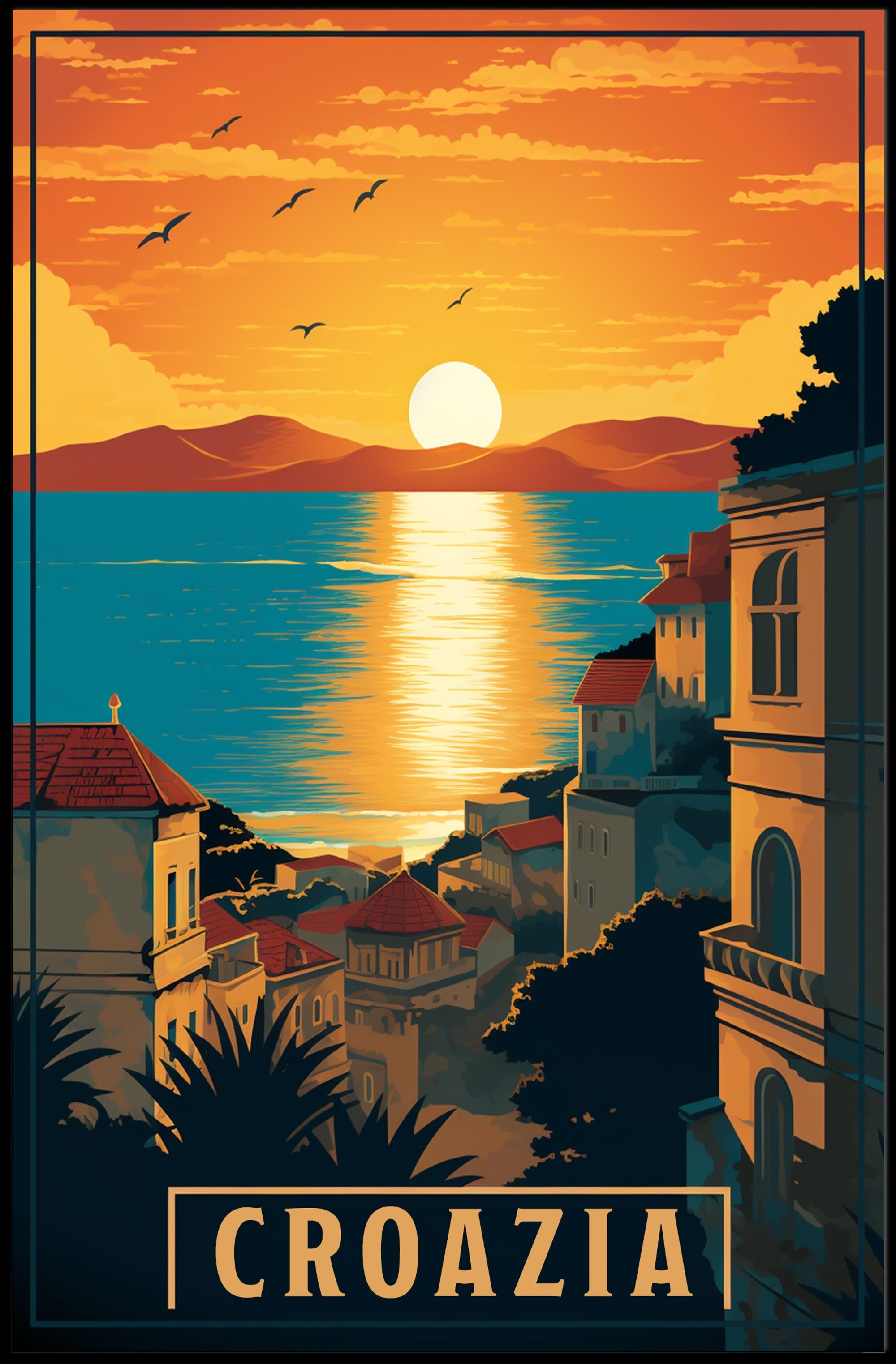 Croatian Coastal Sunset: Vintage-Style Travel Poster PosterGoat