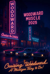 Cruising Woodward Avenue: Retro Neon Car Culture Poster PosterGoat