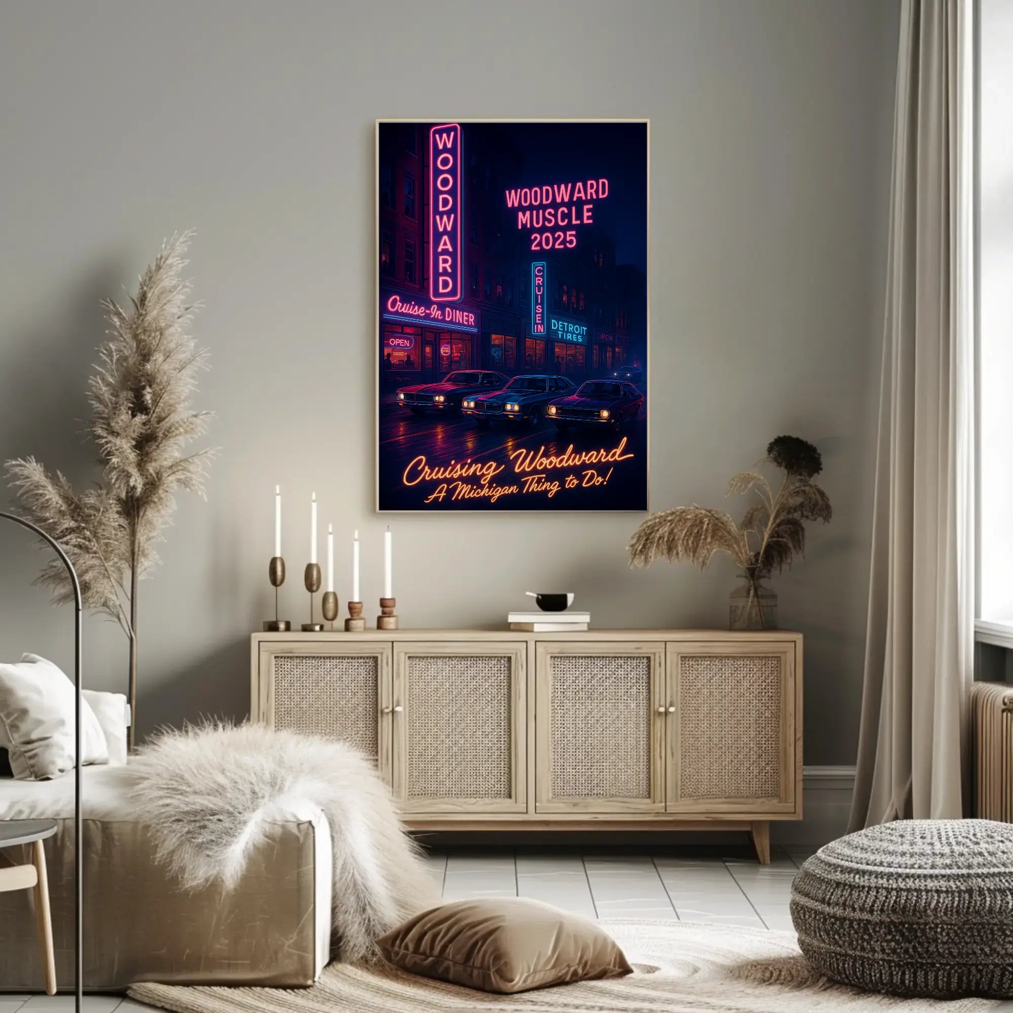 Cruising Woodward Avenue: Retro Neon Car Culture Poster PosterGoat