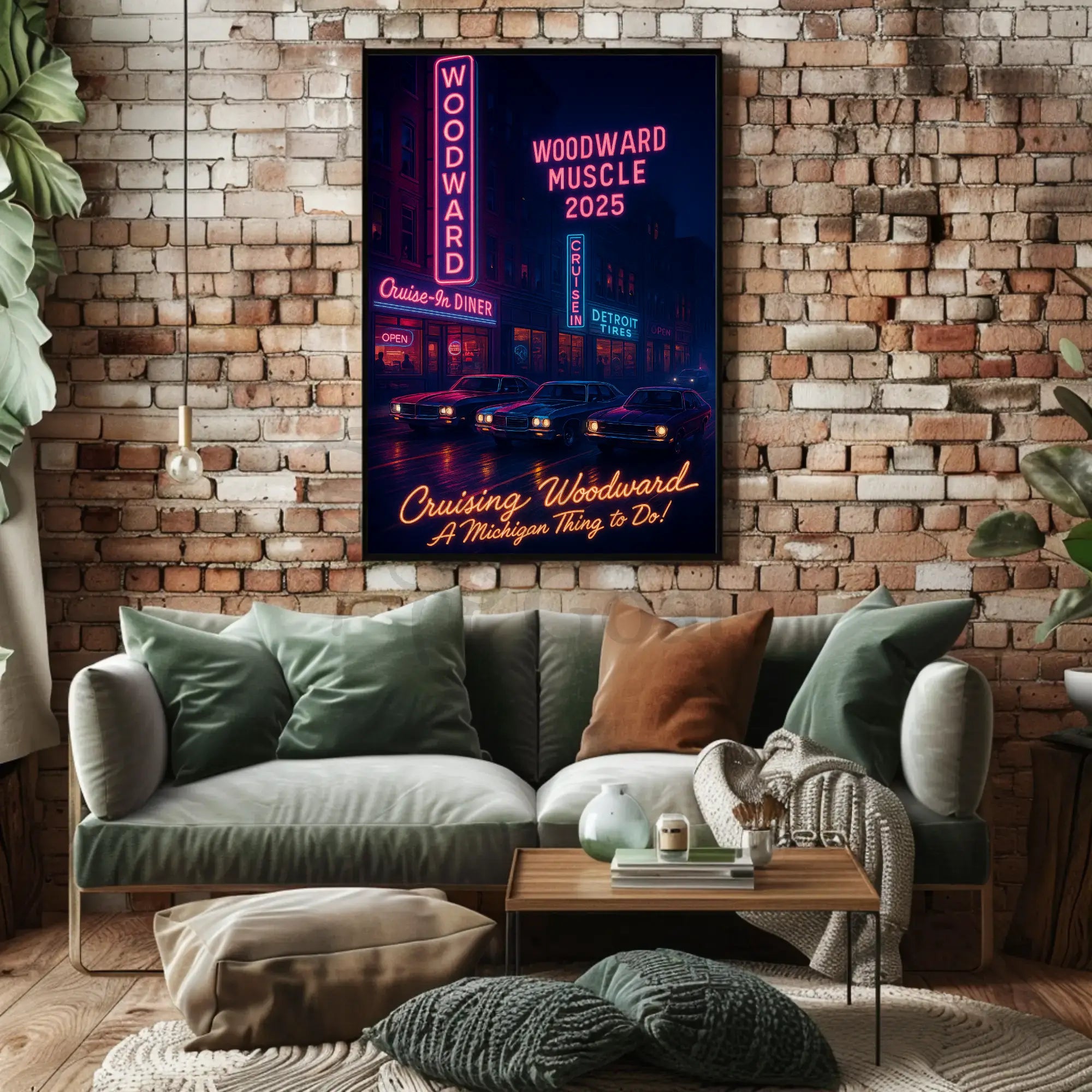Cruising Woodward Avenue: Retro Neon Car Culture Poster PosterGoat