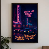 Cruising Woodward Avenue: Retro Neon Car Culture Poster PosterGoat
