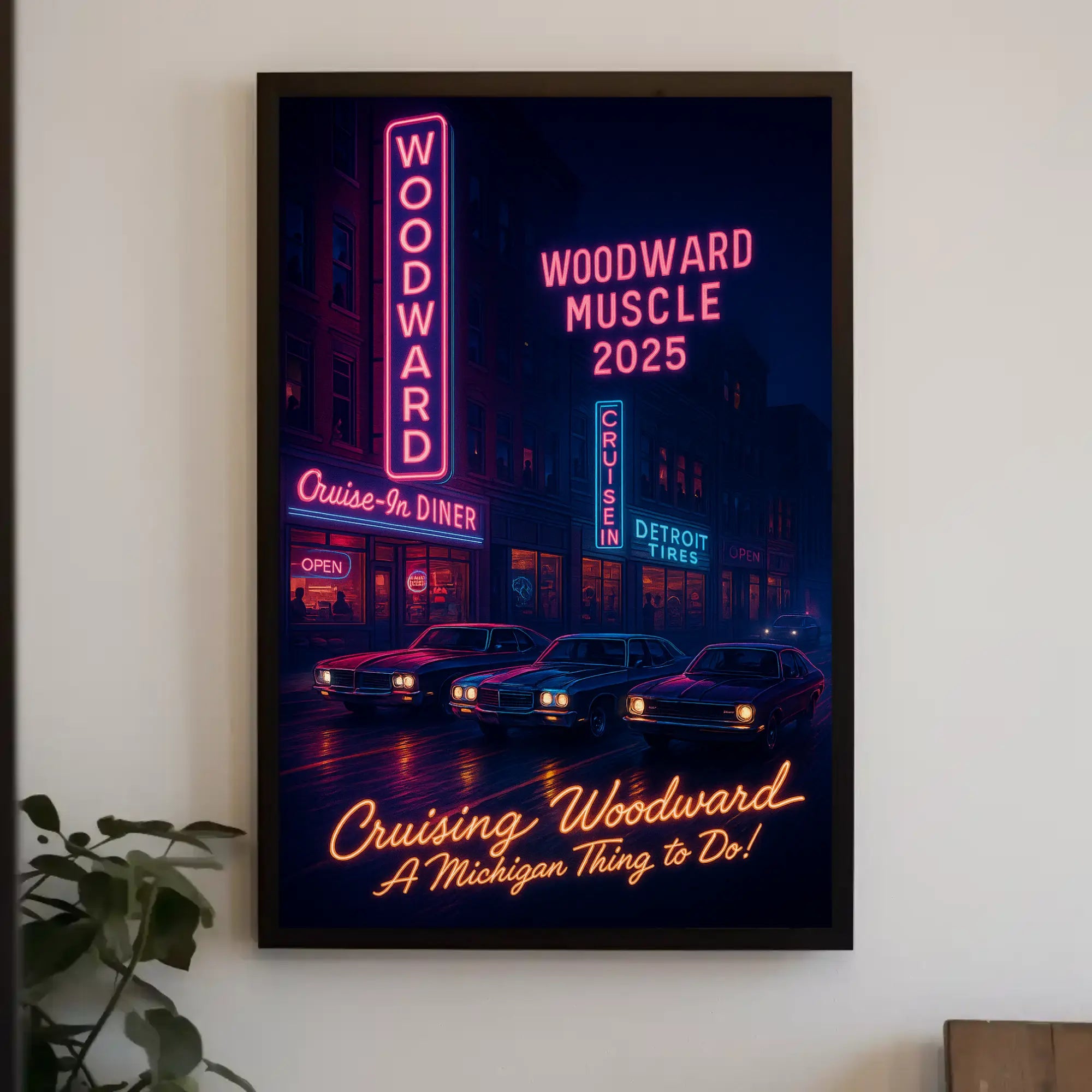 Cruising Woodward Avenue: Retro Neon Car Culture Poster PosterGoat